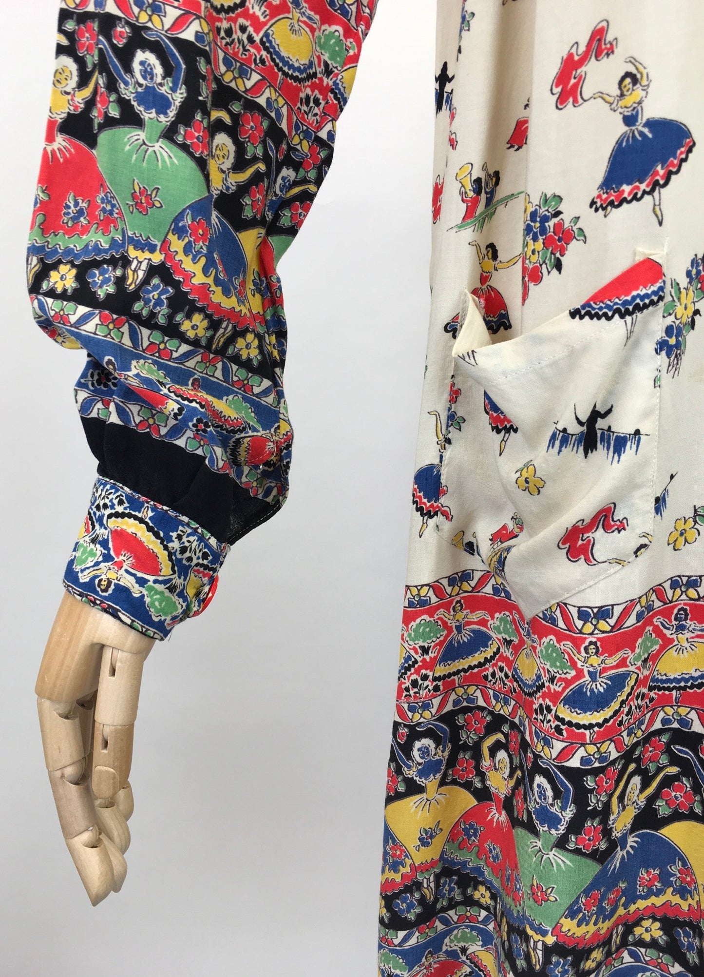 Original 1940s CC41 St. Michael Novelty Print Smock - In Fabulous Dancer Print in Bright Primary Colours