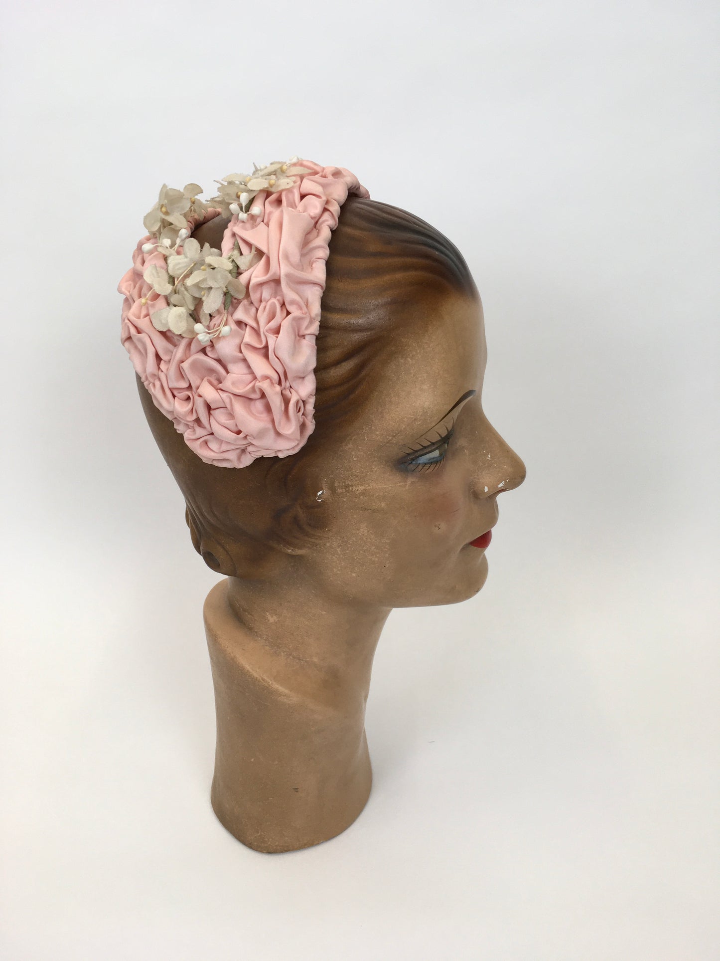 Original 1950s Pink Ruched Headpiece - Adorned with Beautiful Delicate Ivory Florals