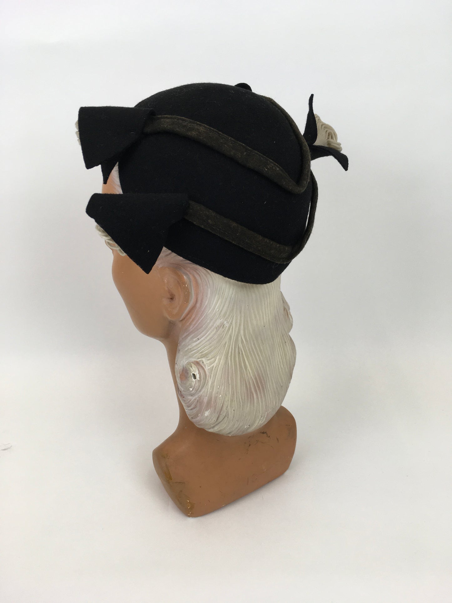 Original 1940s ‘ Henry Pollack ‘ Black Felt Hat - With Ivory and Black Felt Adornments