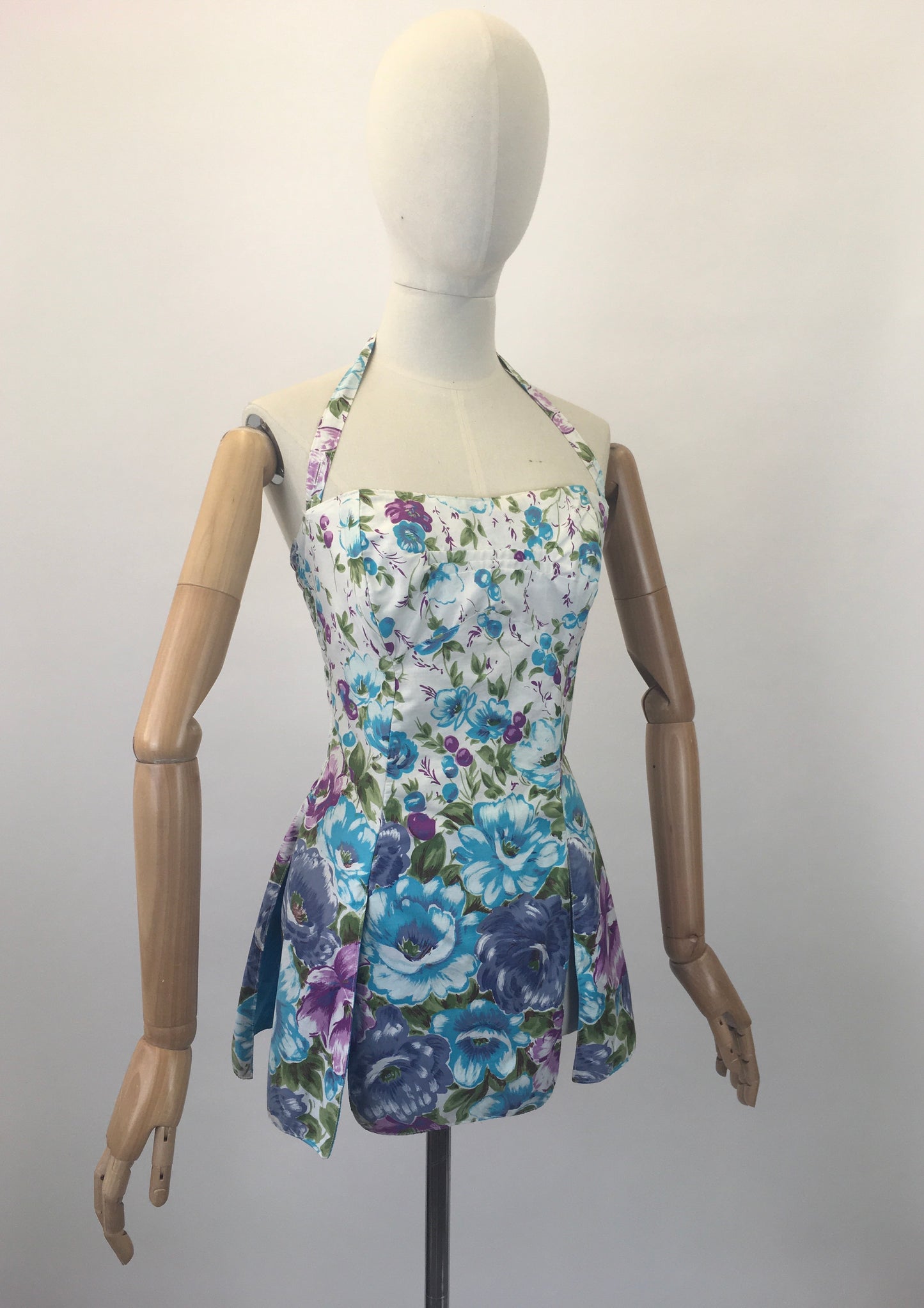 Original 1950's Fabulous Cotton Bathing Top - In Muted Berries, Turquoise and Green Florals