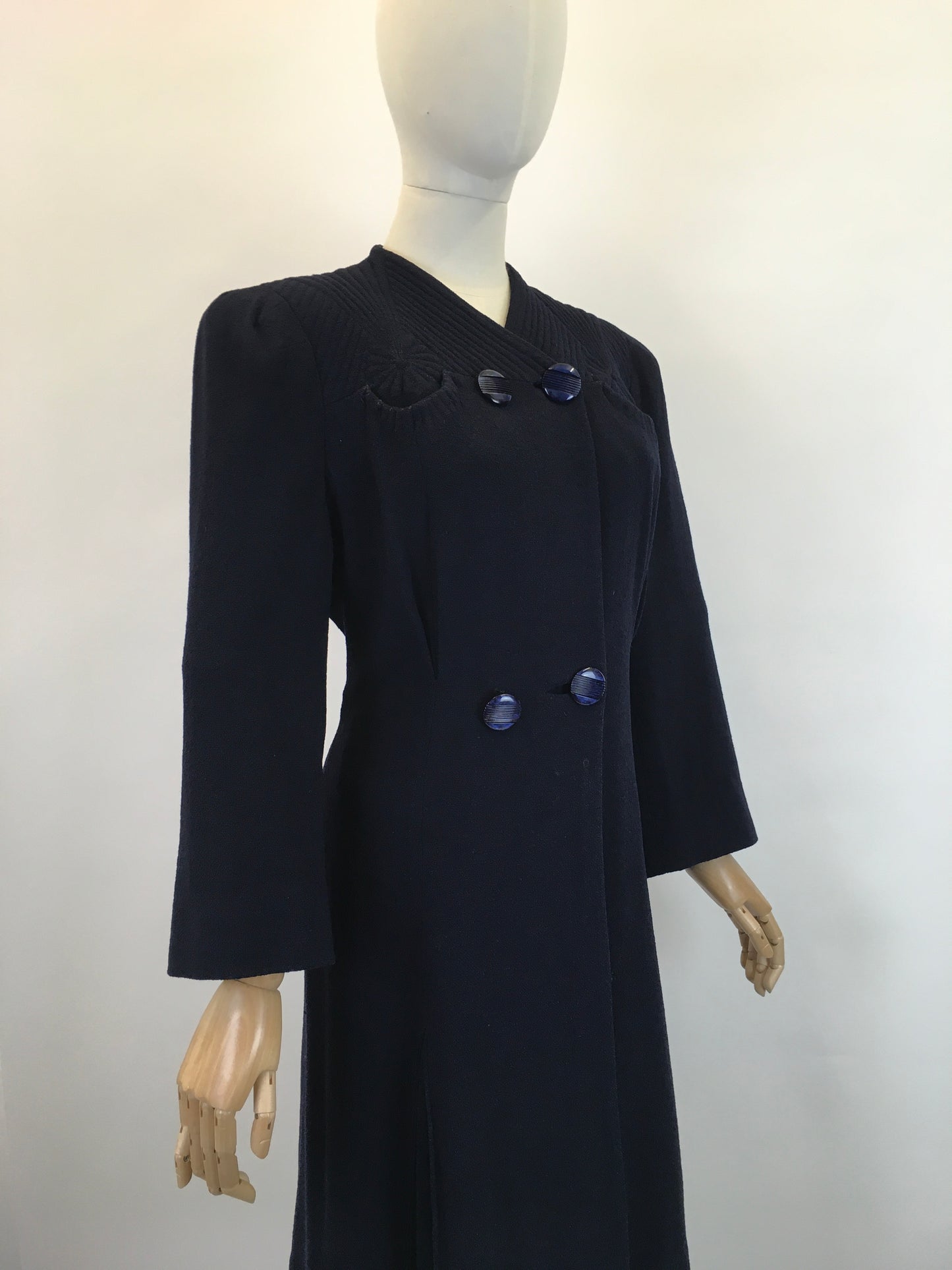 Original 1930’s Darling Navy Wool Crepe Coat - With Stunning Trapunto Detailing