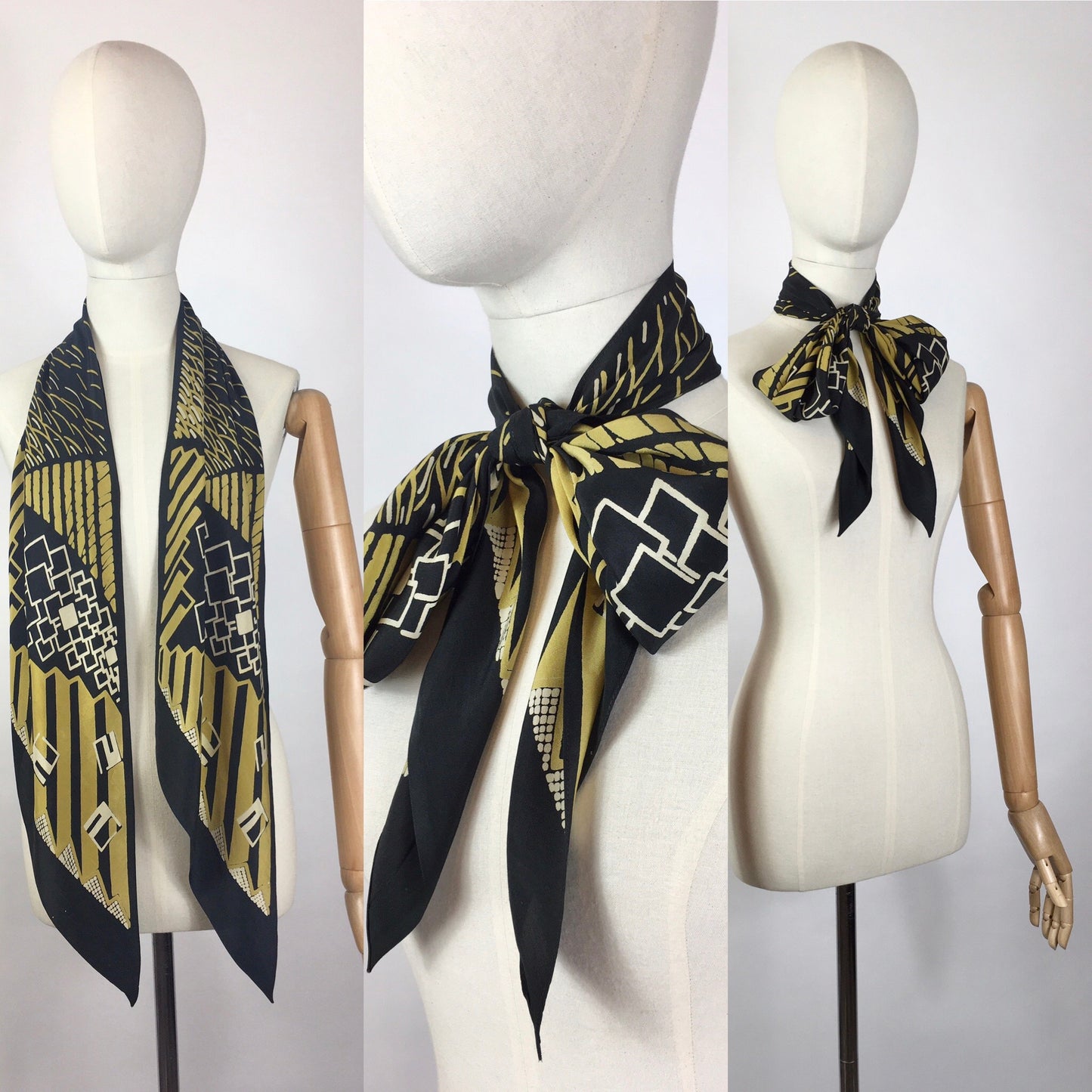 Original 1930’s SENSATIONAL Silk Deco Pointed Scarf - In Black, Gold & Cream