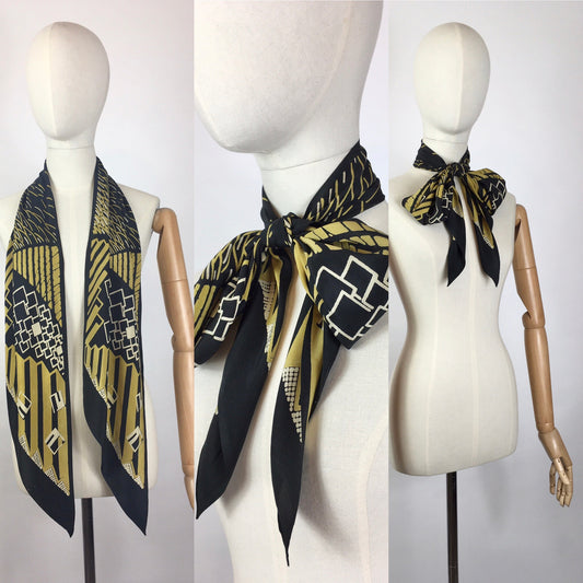 Original 1930’s SENSATIONAL Silk Deco Pointed Scarf - In Black, Gold & Cream
