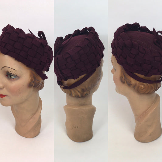Original 1940s Deep Burgundy Felt Topper Hat - With Stunning Lattice Work Detailing