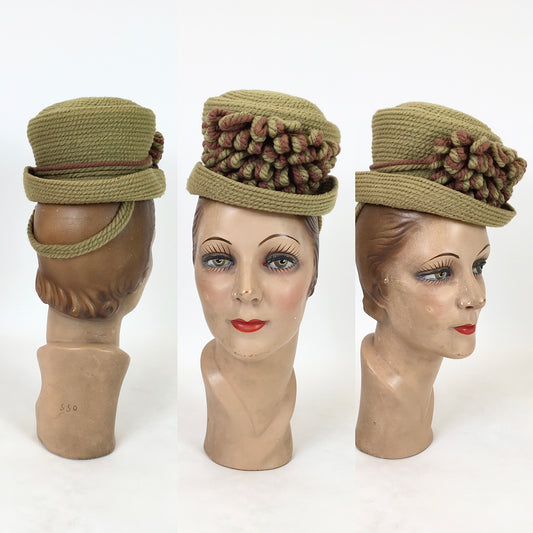 Original 1940's Fabulous Chartreuse and Brown Topper Tilt Hat - By ' Needlepoint Everitt'