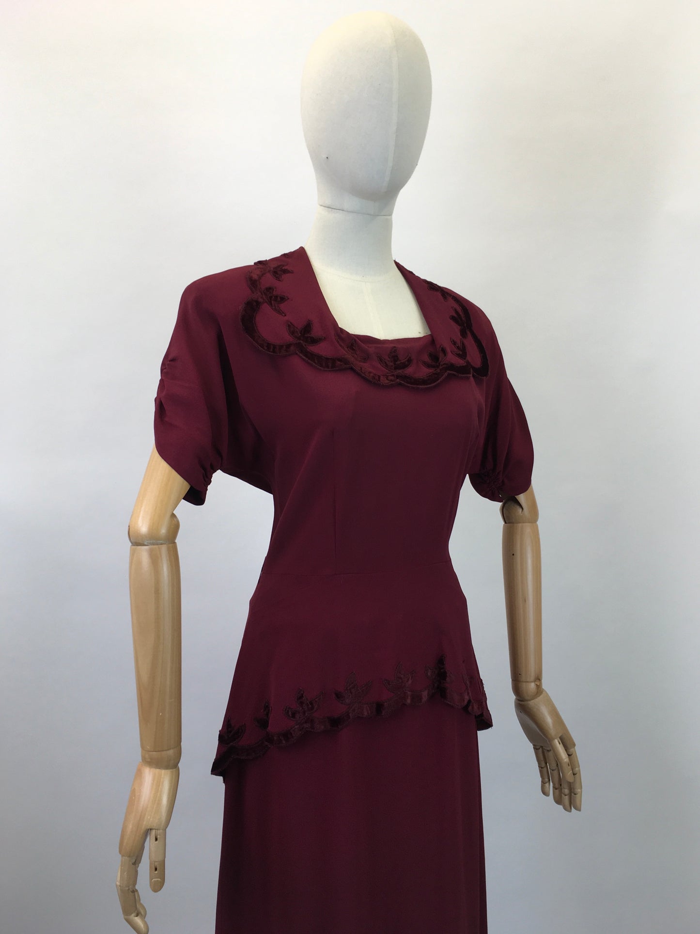 Original 1940's Sensational Cocktail Dress ' Styled By Adrian' - In Deep Wine with Velvet Trims