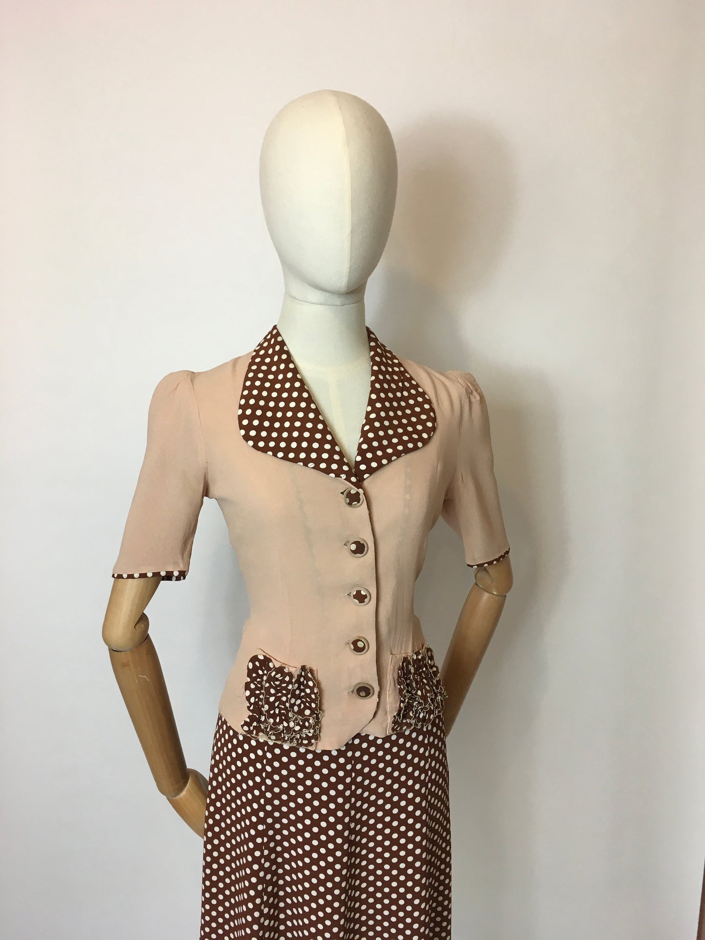 Original 1940’s Darling 2 pc Crepe Suit - In the Most Beautiful Contrast Blush Pink & Brown Polka Dot Crepe