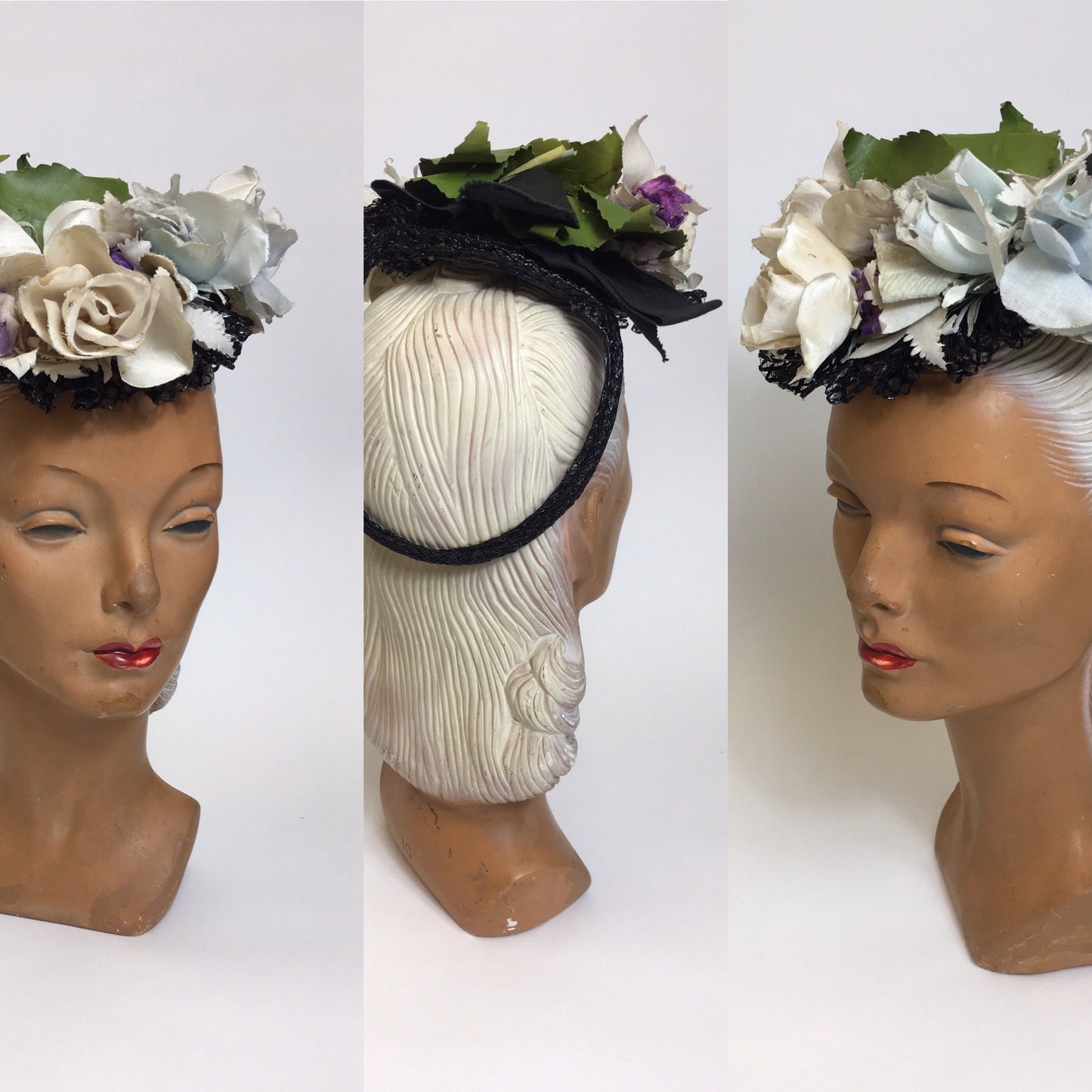 Original 1940’s Floral Tilt Hat - Beautiful Floral Adornments in Powder Blues , Purples & Ivory