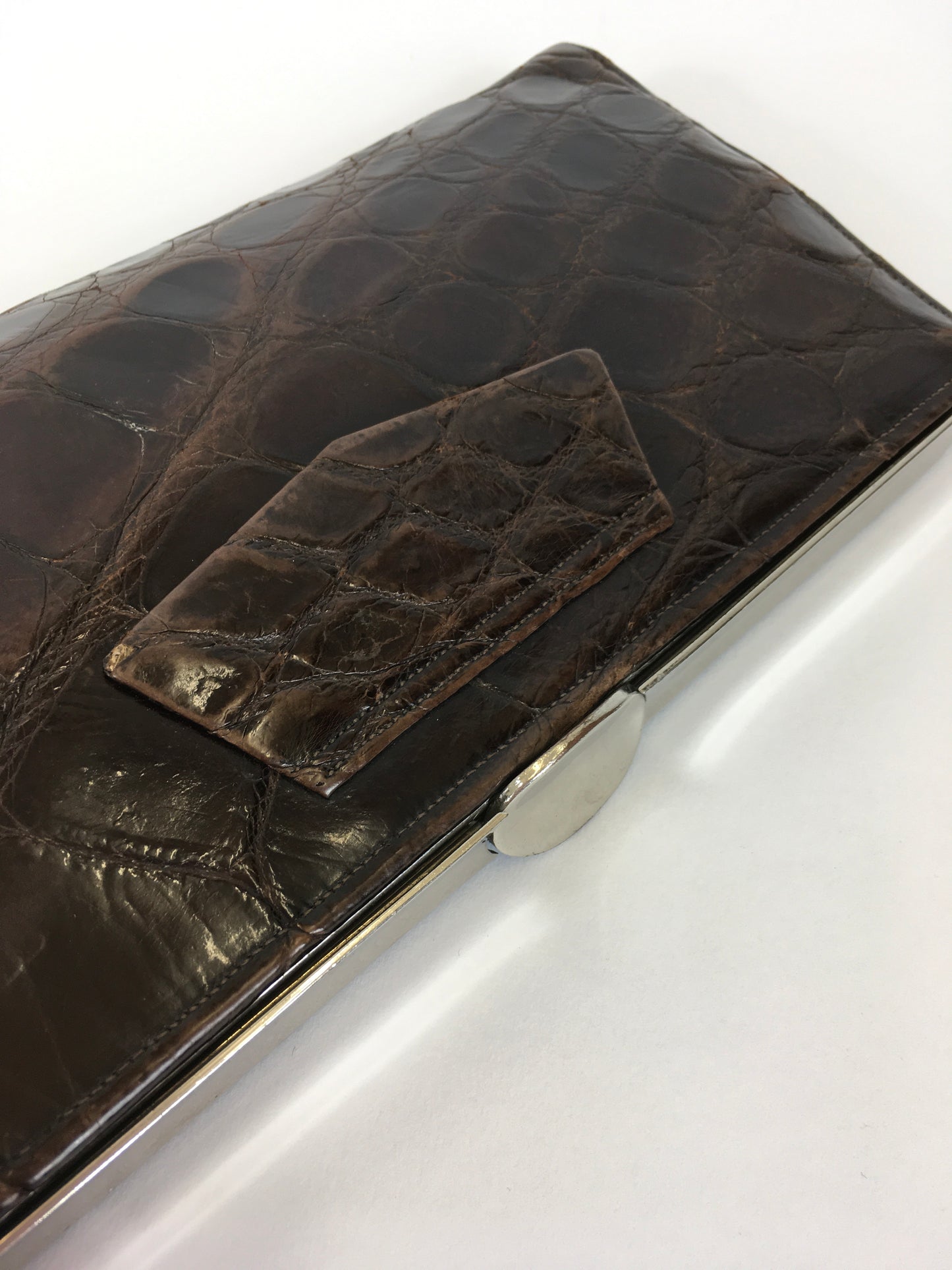 Original 1930’s Deco Crocodile Clutch Handbag - In A Warm Brown with Chrome Detailing