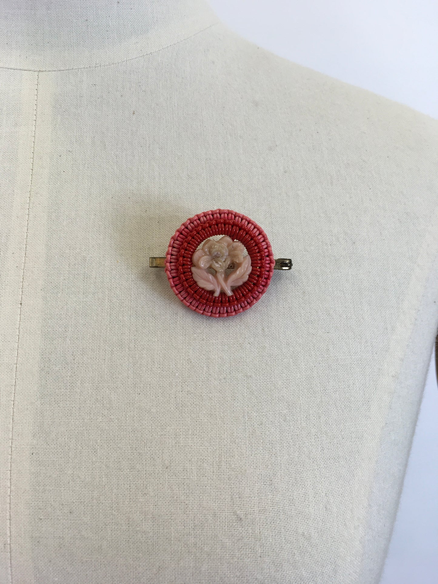 Original 1940’s Make Do And Mend Telephone Cord Brooch - In Powdered Pink and Lipstick Coral
