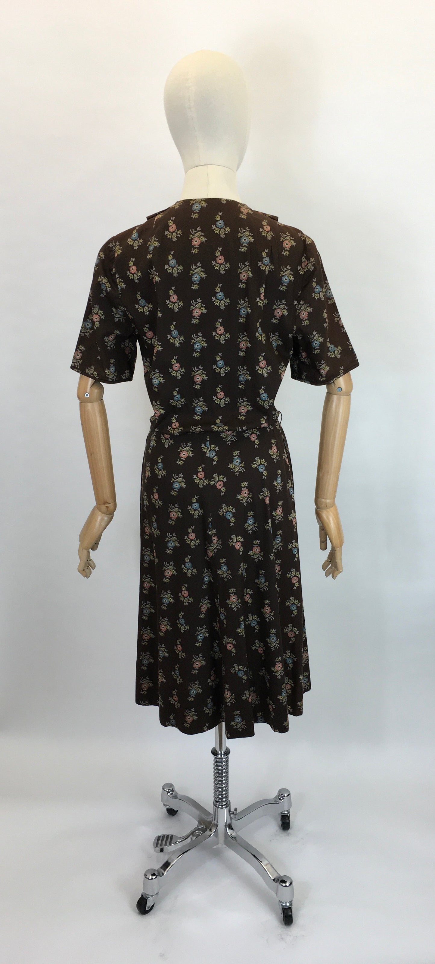 Original 1950’s Cute Floral Handmade Dress - Lovely Warm Brown, Terracotta, Blue and Greens