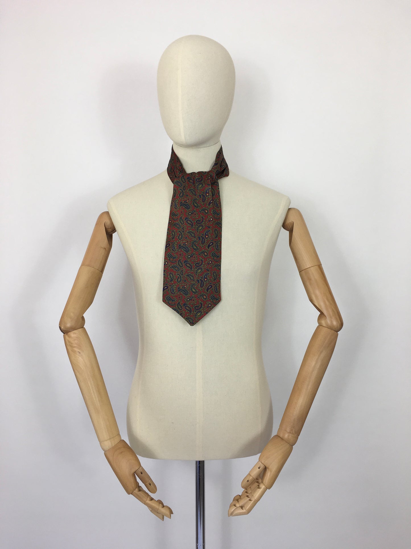 Original 1950’s Mens Silk  ‘ Sammy ‘ Label Cravat - In a Paisley Print featuring burgundy, blue, green and yellow