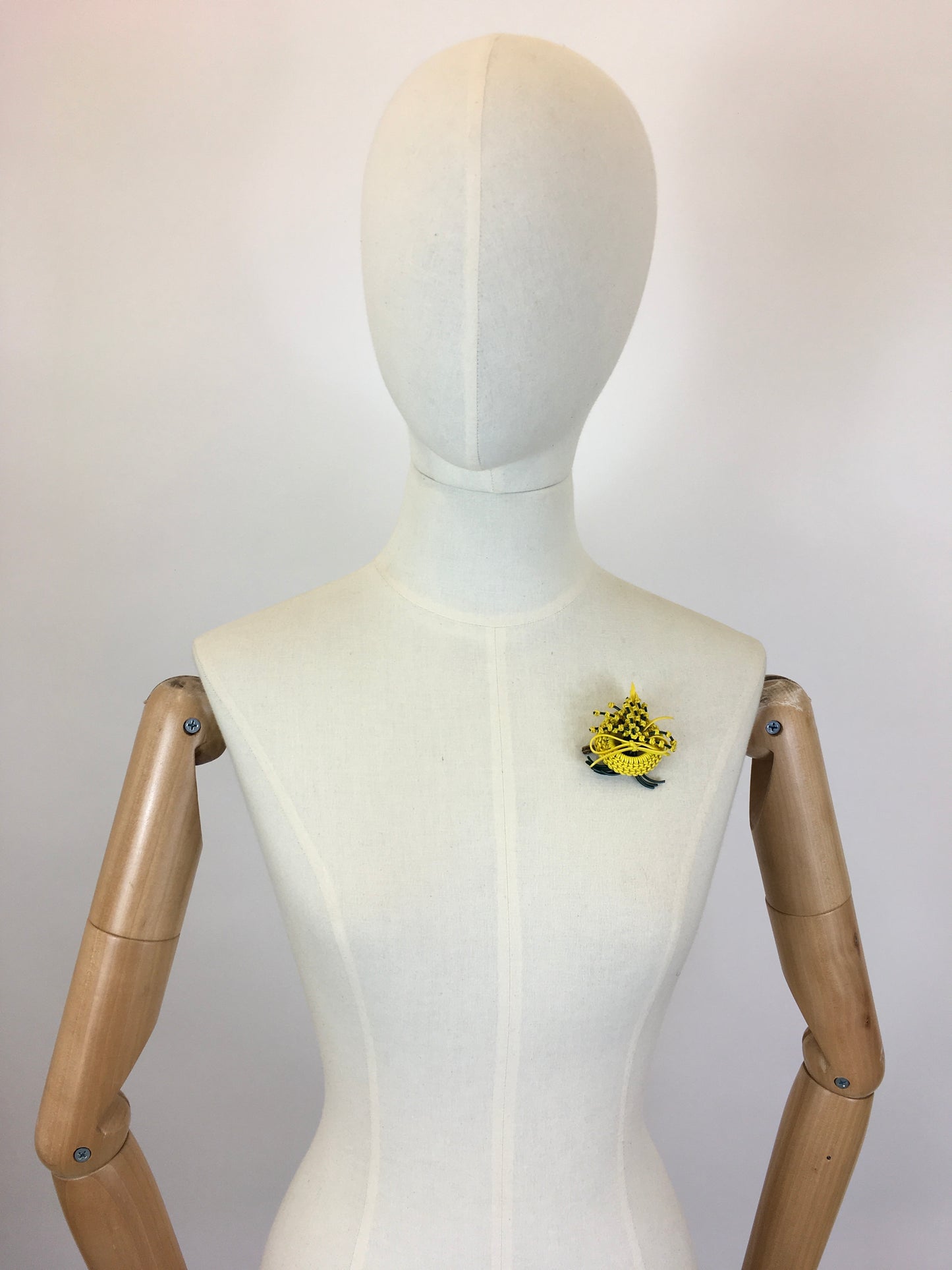 Original 1940's Large Wartime Make Do and Mend Telephone Wire Brooch - In Bottle Green & Sunflower Yellow