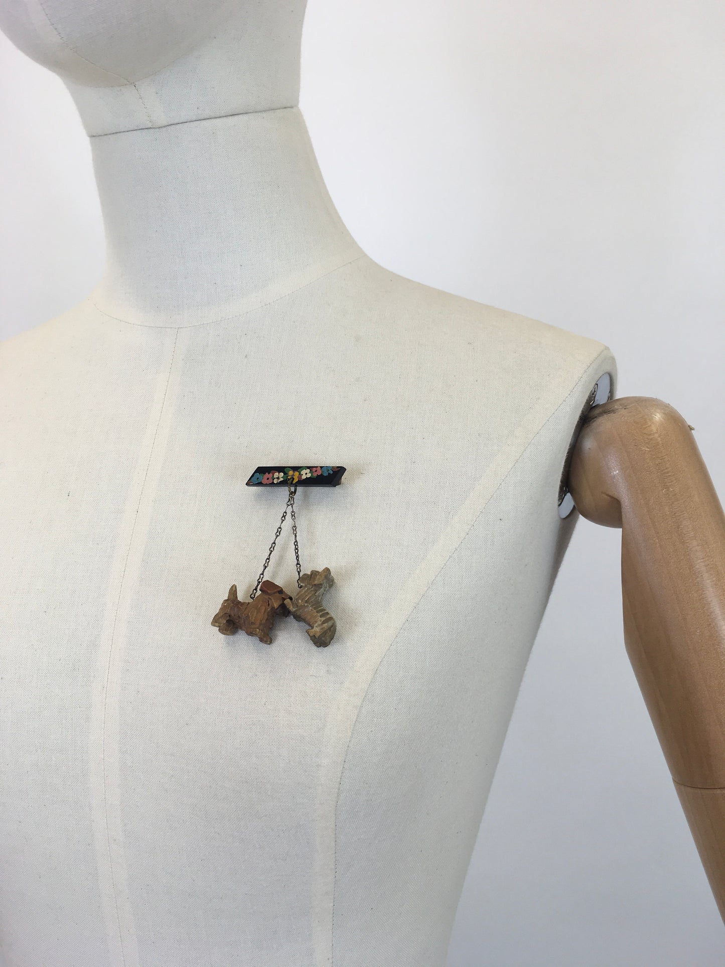 Original 1940’s Wartime Dangly Dog Brooch - With Handprinted Floral Detailing On The Bar