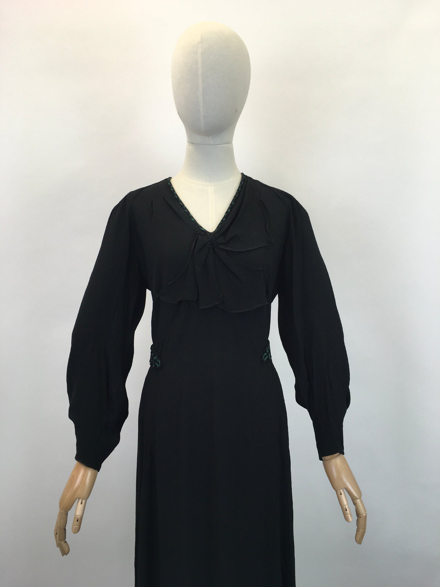 Original 1930's Sensational Evening Dress in Sheer Crepe - In Inky Black with Bottle Green Accents