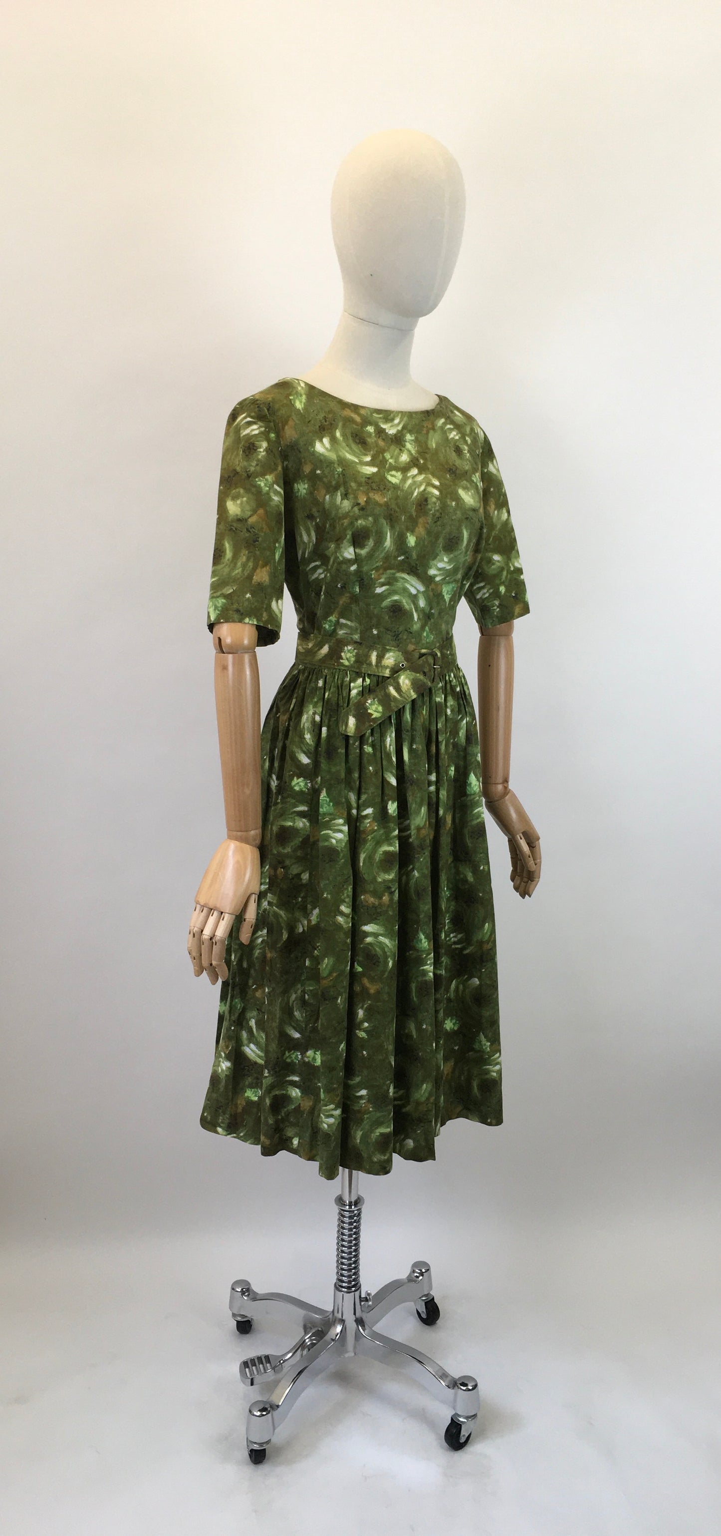Original 1950's Darling Cotton Day Dress - In Fresh Greens & Chocolate Browns