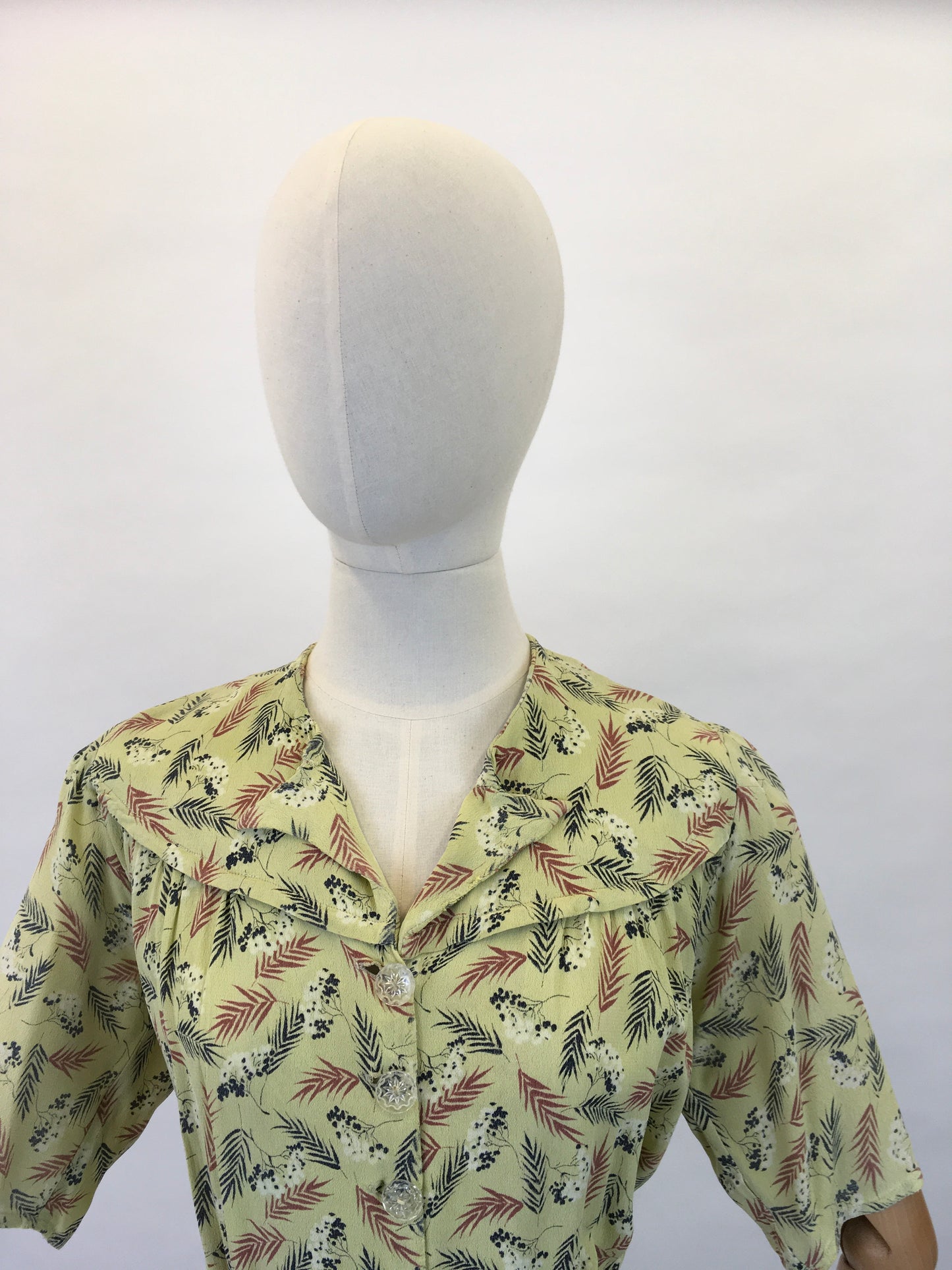 Original 1940s Day Dress - In a Lovely Chartreuse Crepe with Wheat / Leaf Print In Charcoal, Rust and White