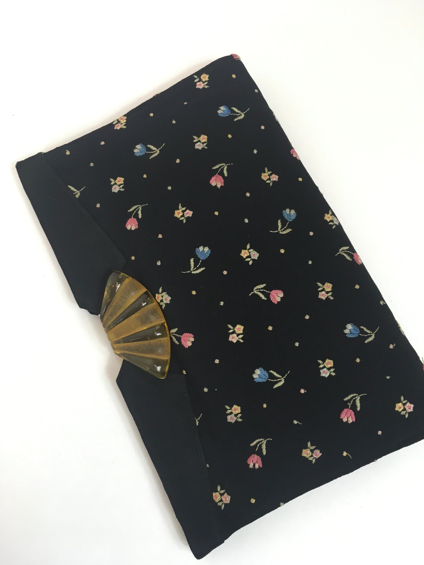 Original 1930's Stunning Embroidered Clutch Handbag - With Fan Shaped Lucite Clasp