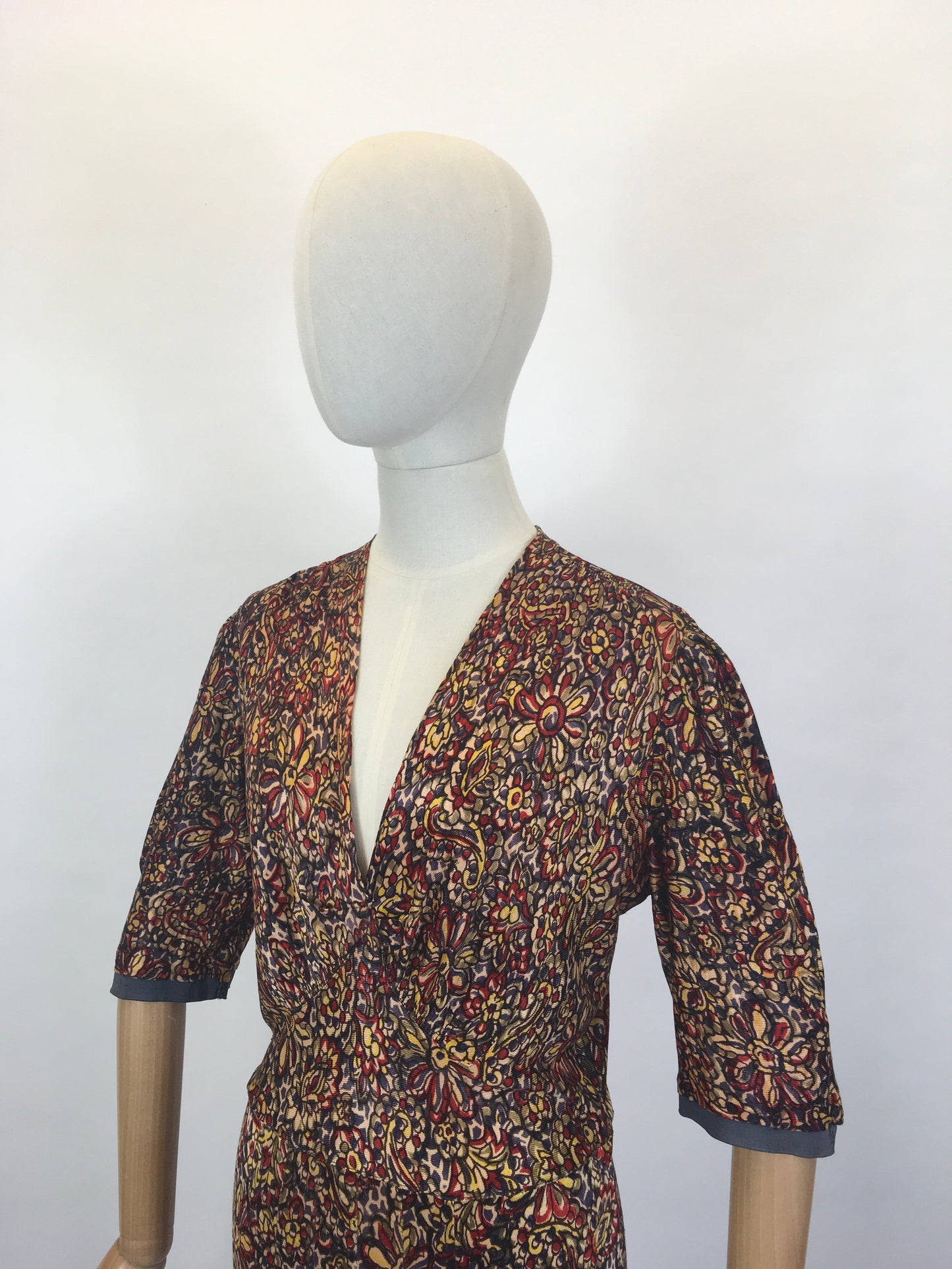 Original 1940’s STUNNING Rayon Jersey Dress AS IS - In Reds, Purples, Yellows & Navy