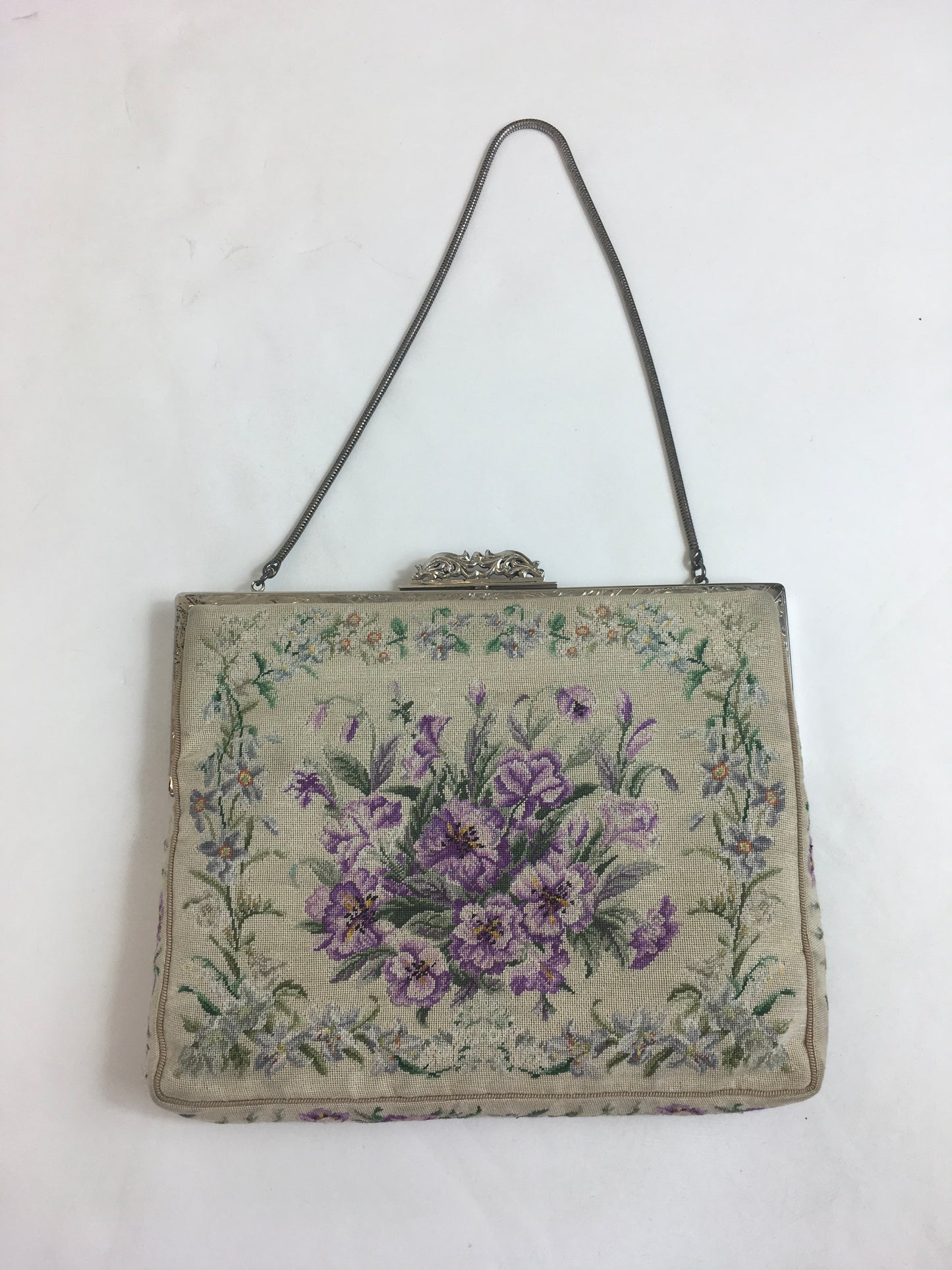Original 1950’s Floral Tapestry Handbag - By ‘ Harrods’ in Violets, Lilacs and Greens