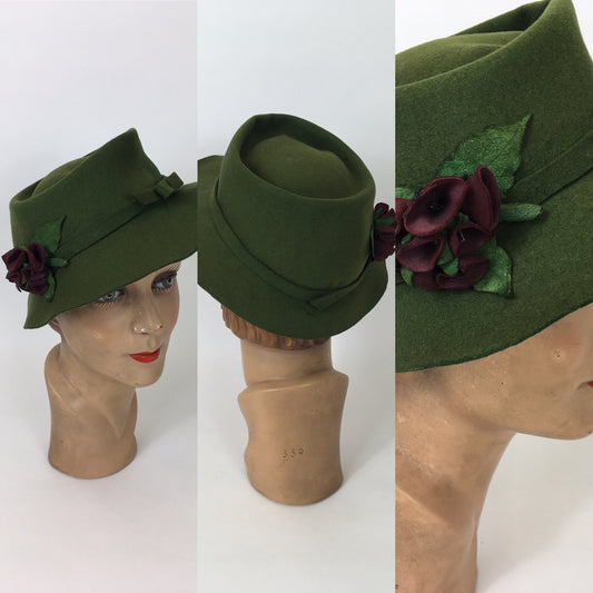 Original Late 1930’s / 1940’s Bottle Green Hat - With Bow and Suede Floral Arrangement