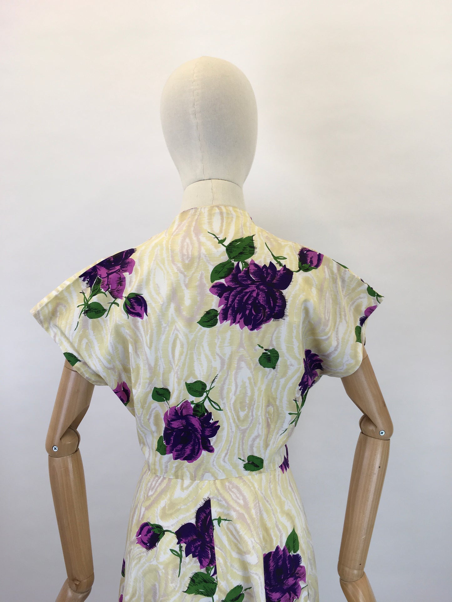 Original 1950s Darling Dress By ‘ Coopella’ - In a Lightweight Cotton In Yellow Swirls with Rich Purple Roses