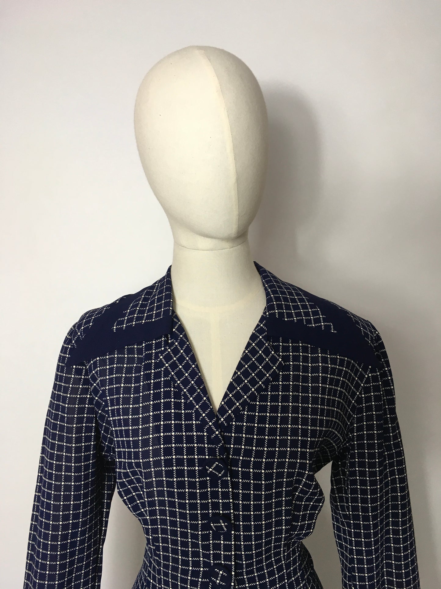 Original 1940’s Illusion Dress with Sharp Collar - Contrast Check & Navy Rayon