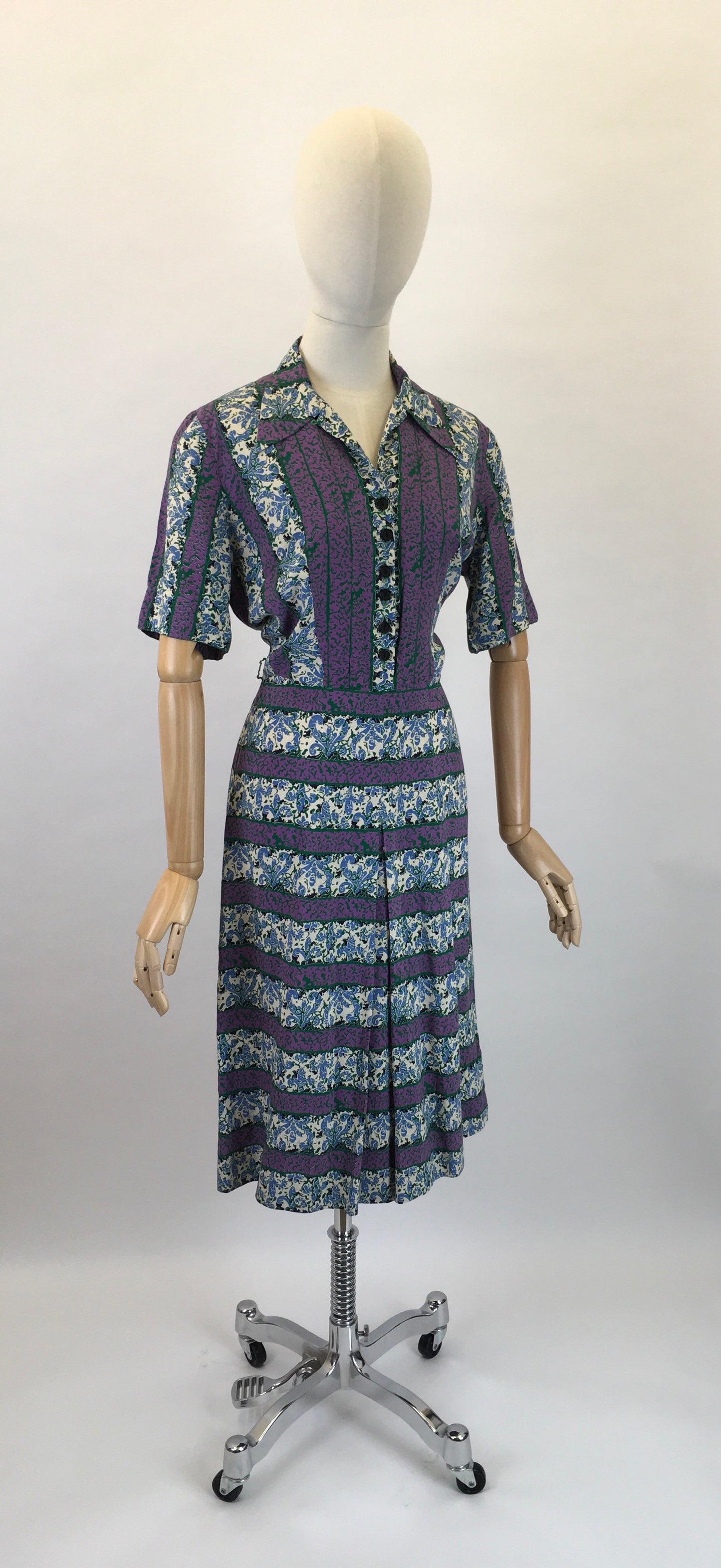 Original 1940s Rayon Dress - In Lovely Rich Purples, Greens and Whites with Florals and Stripes