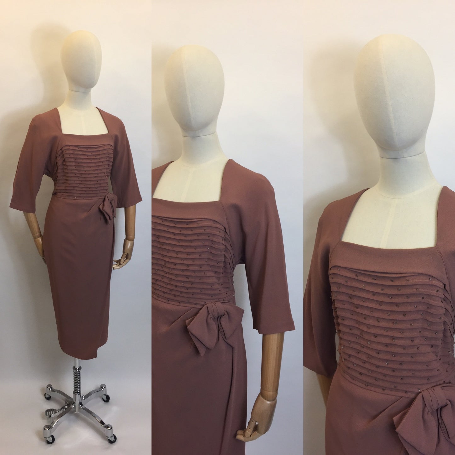 Original 1940s Formal Crepe Dress - Beautiful Waist Bow & skirt overlay shaping