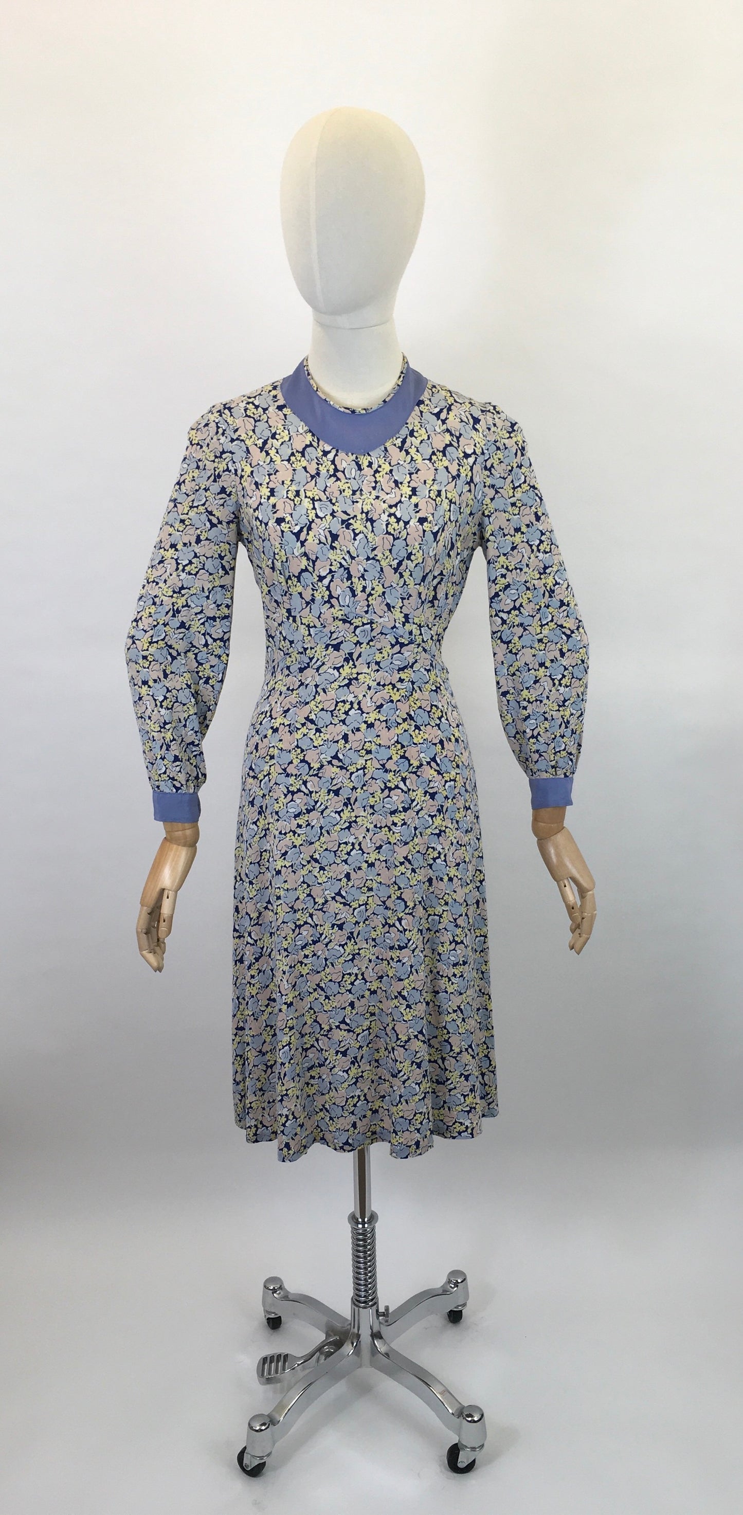 Original 1930’s Crepe Floral Day Dress - In A Pallet of Soft Pastels : Powdered Blue, Delicate Rose and Buttery Yellow