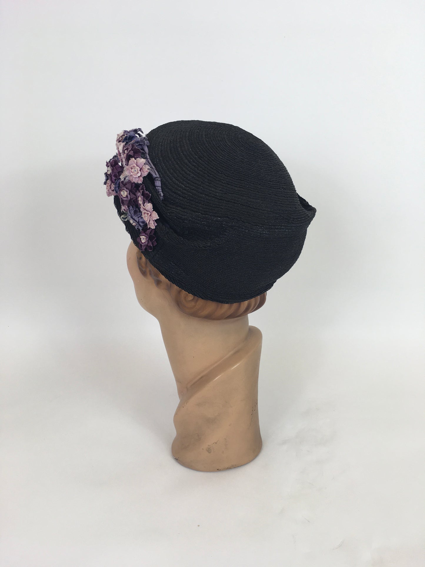 Original 1930’s Amazing Black Straw Hat - Adorned with Soft Mauve, Rich Purples and Violet Velvet Flora
