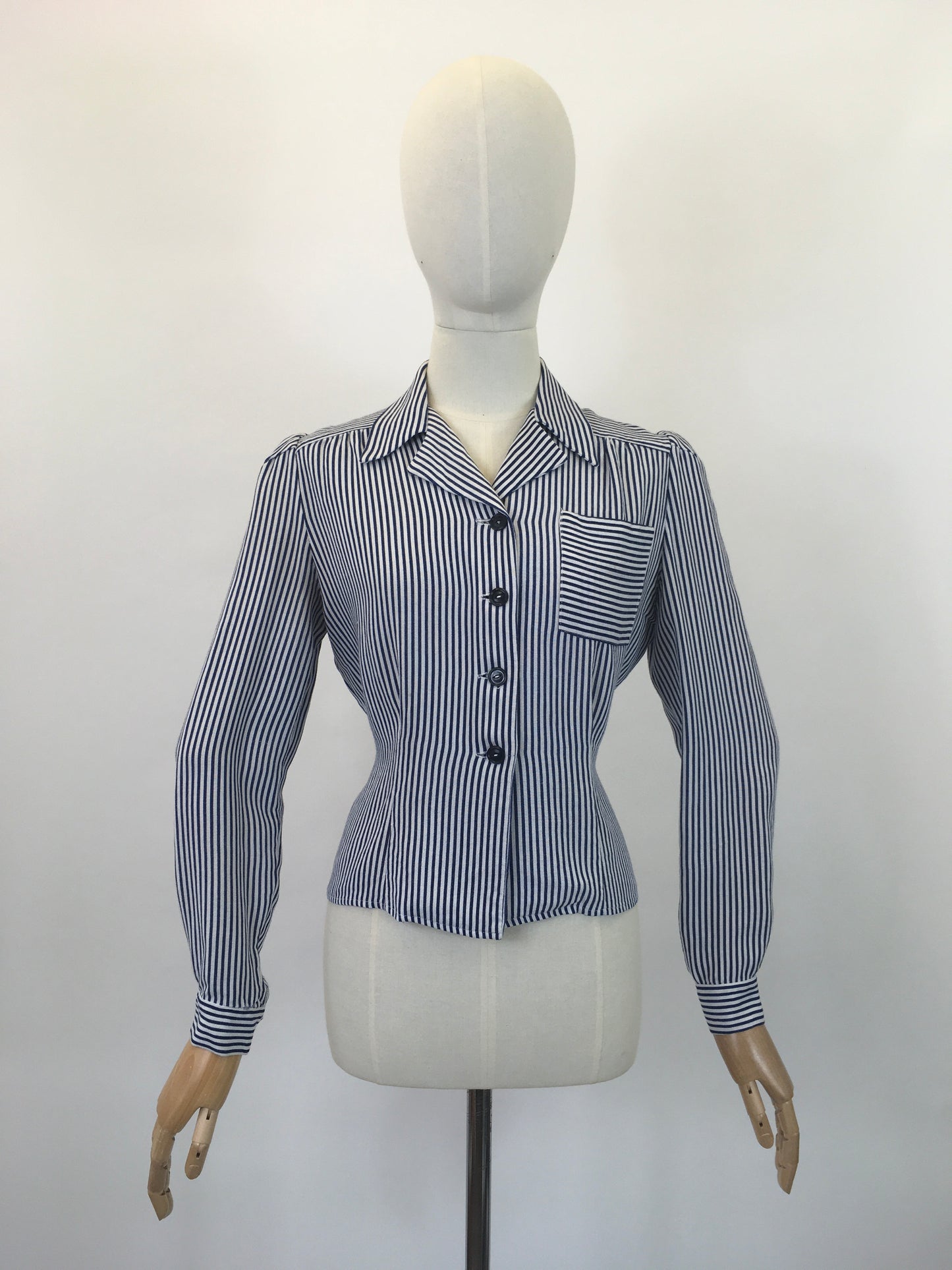 Original 1940's Fabulous CC41 Utility Blouse - In A Classic Navy & White Linen
