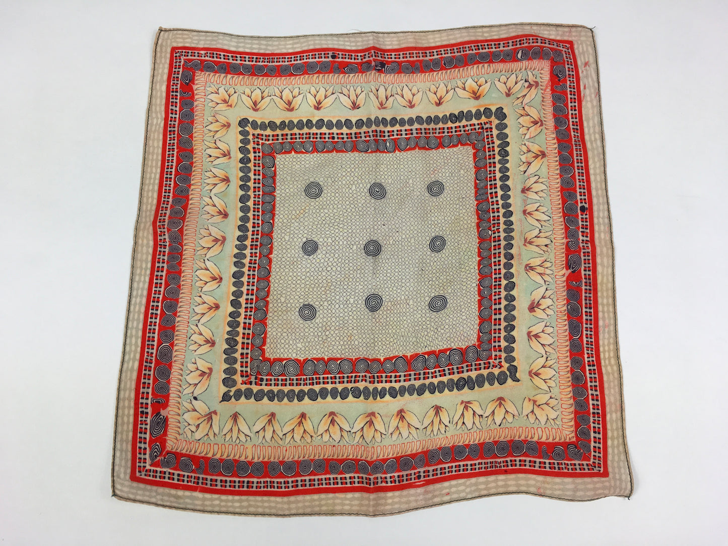 Original 1940’s / 1950’s Silk Hankie - In A Soft Colourway Of Beige, Red, Stencilled Black and Pale Duck egg