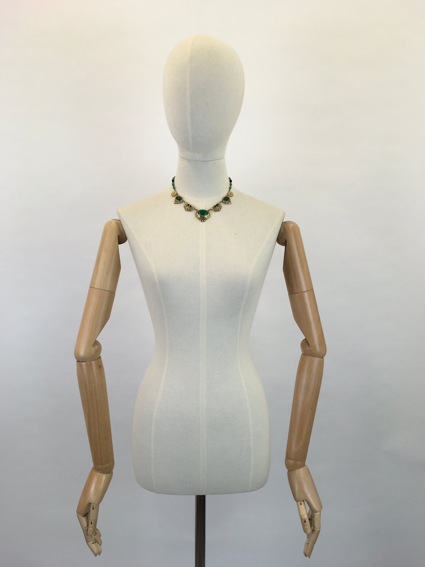 Original 1930s STUNNING Deco Necklace - Brass and Classic Deco Green Glass Beads