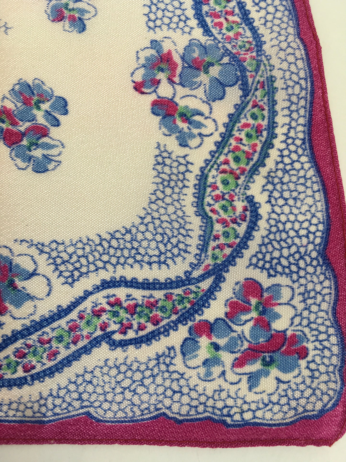 Original 1940’s Rayon Hankie - In Cerise Pink, Ivory and Blue