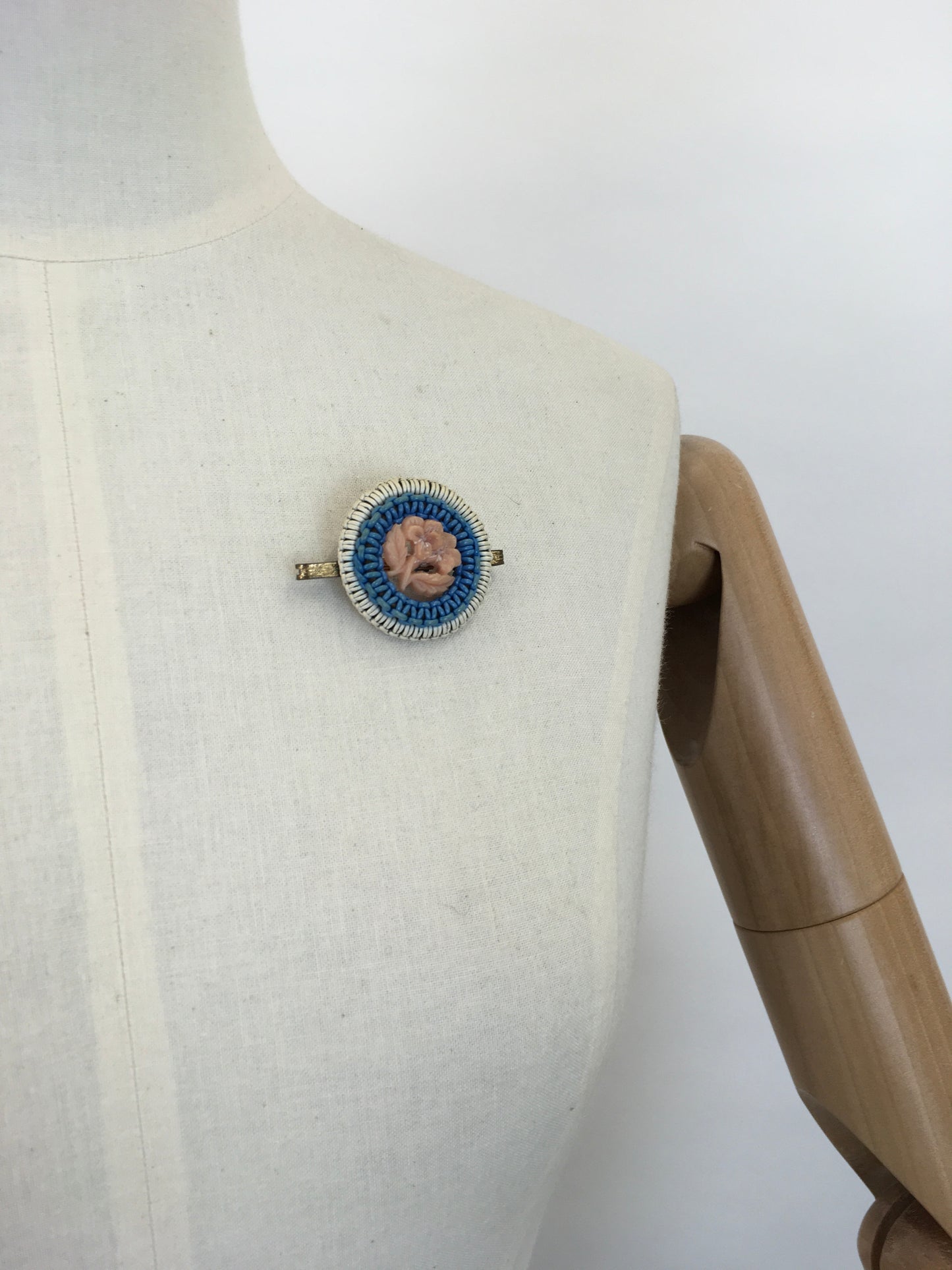 Original 1940’s Make Do and Mend Telephone Cord Wirework Brooch - In White, Blue and Pale Pink