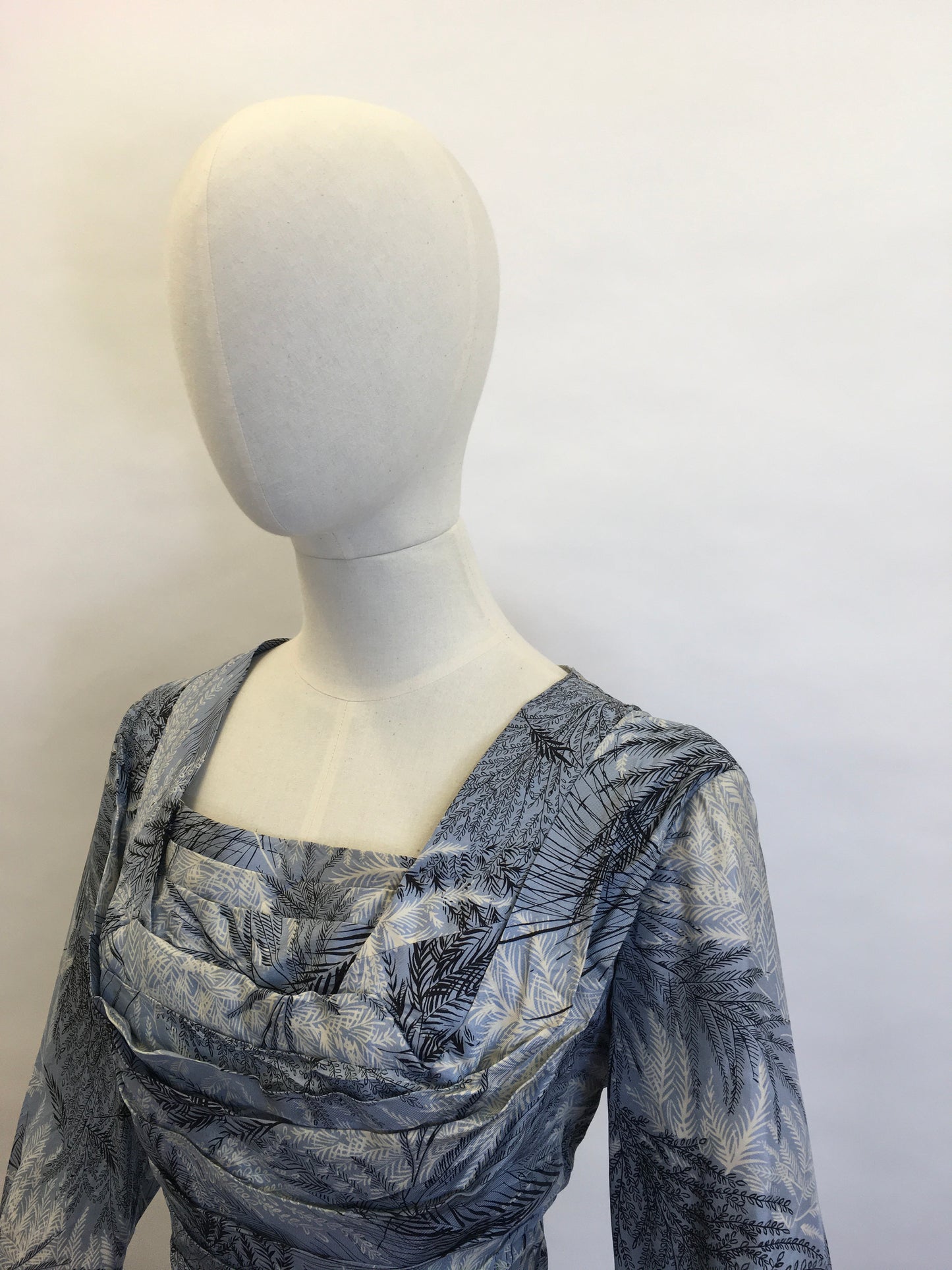 Original 1940’s Cocktail Dress - In a lovely Fern Print Silk in Power Blues and Shades of Grey