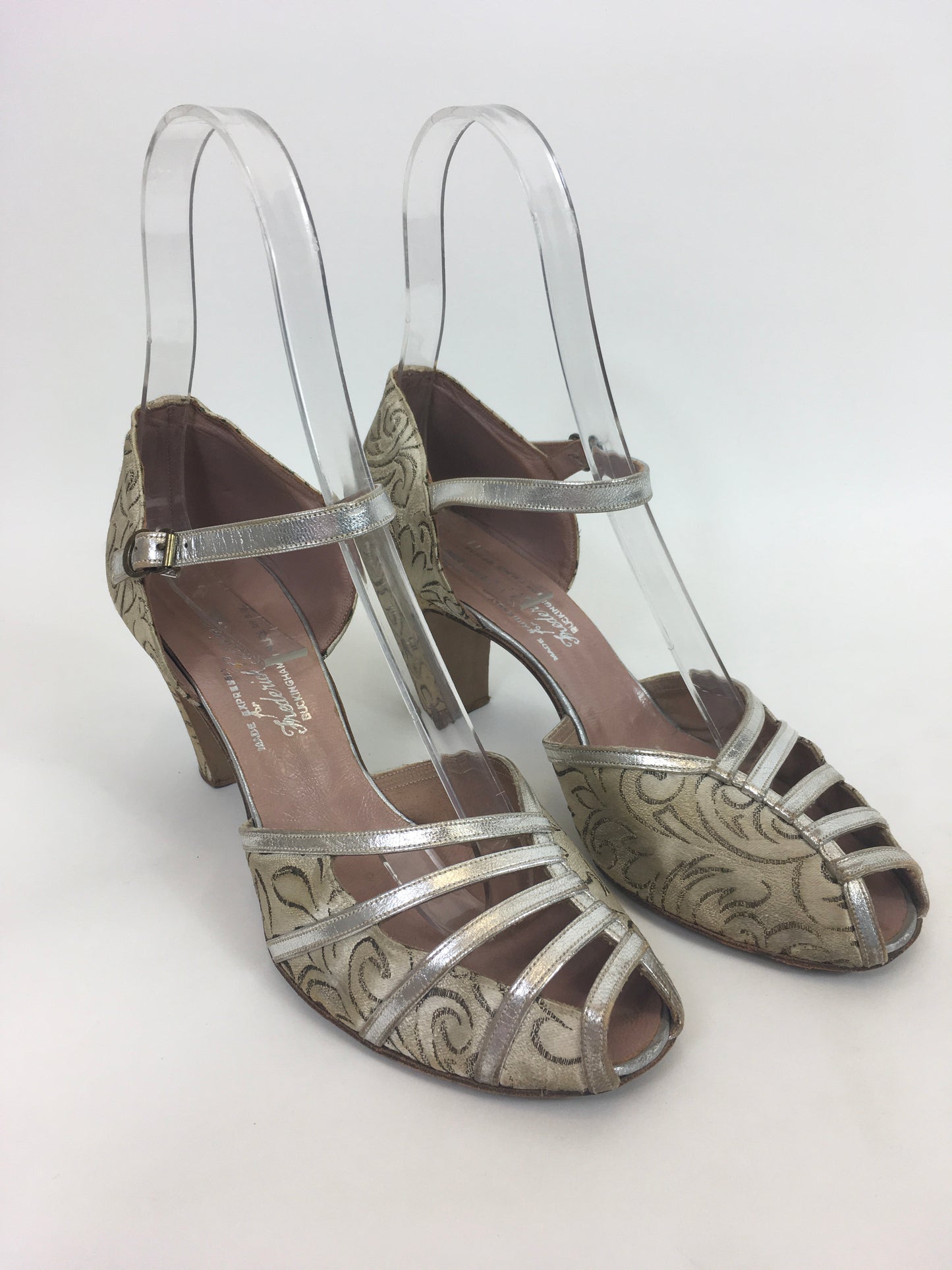 Original 1940's Evening / Dance Heels - In A Beautiful Gold Floral Brocade