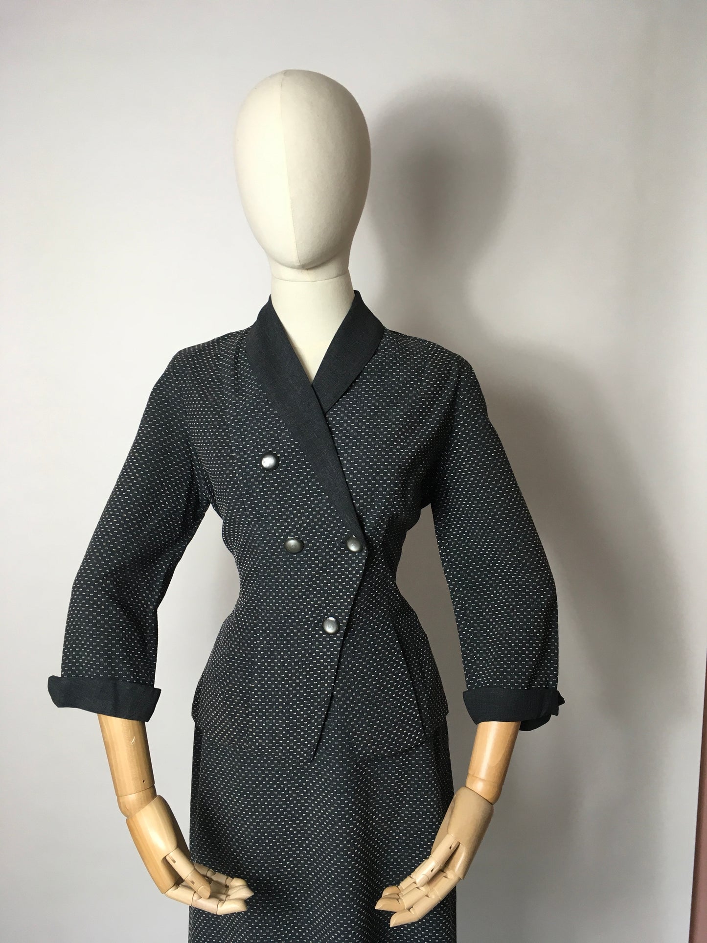 Original 1940’s Slate Grey Lightweight Suit - A lovely Asymmetric Front Shape Detailing