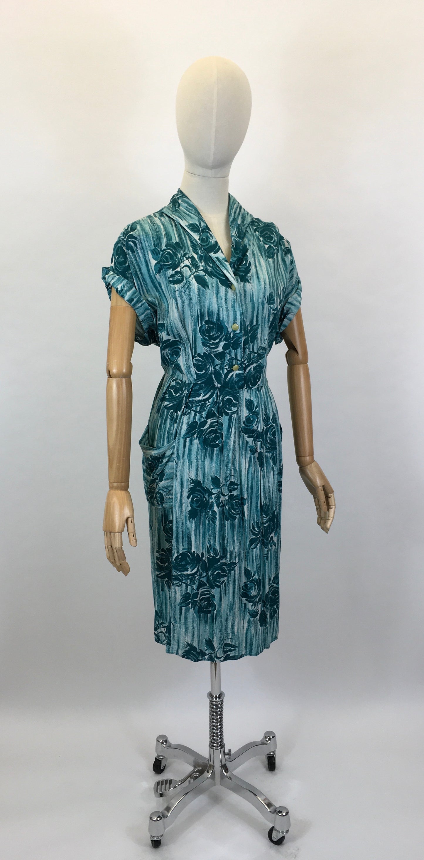 Original 1950’s VOLUP Cotton Day Dress - In A Lovely Rich Teal Colour Floral