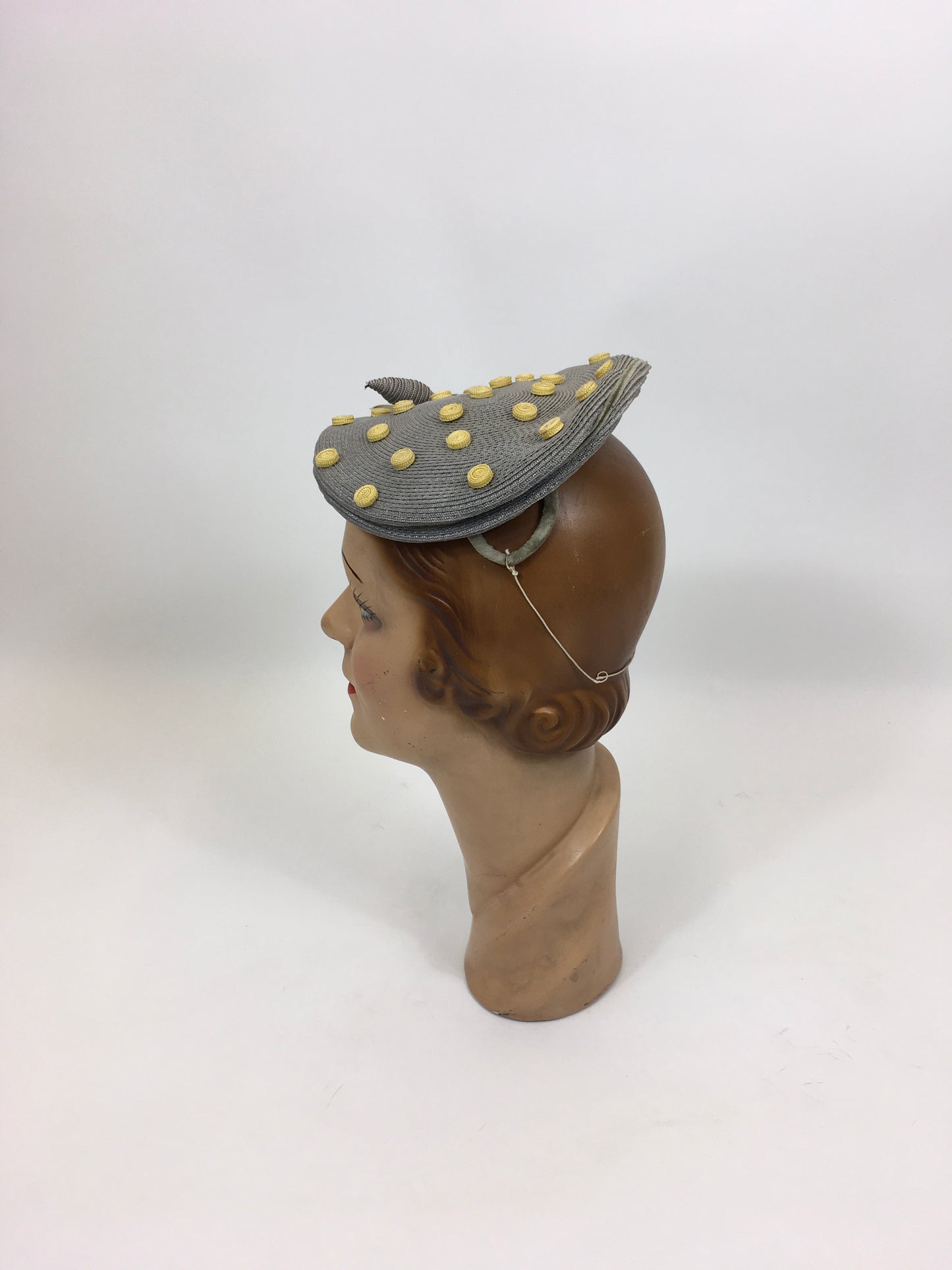 Original Late 1940's Stunning Headpiece - In Powder Grey & Primrose Yellow Polka Dots