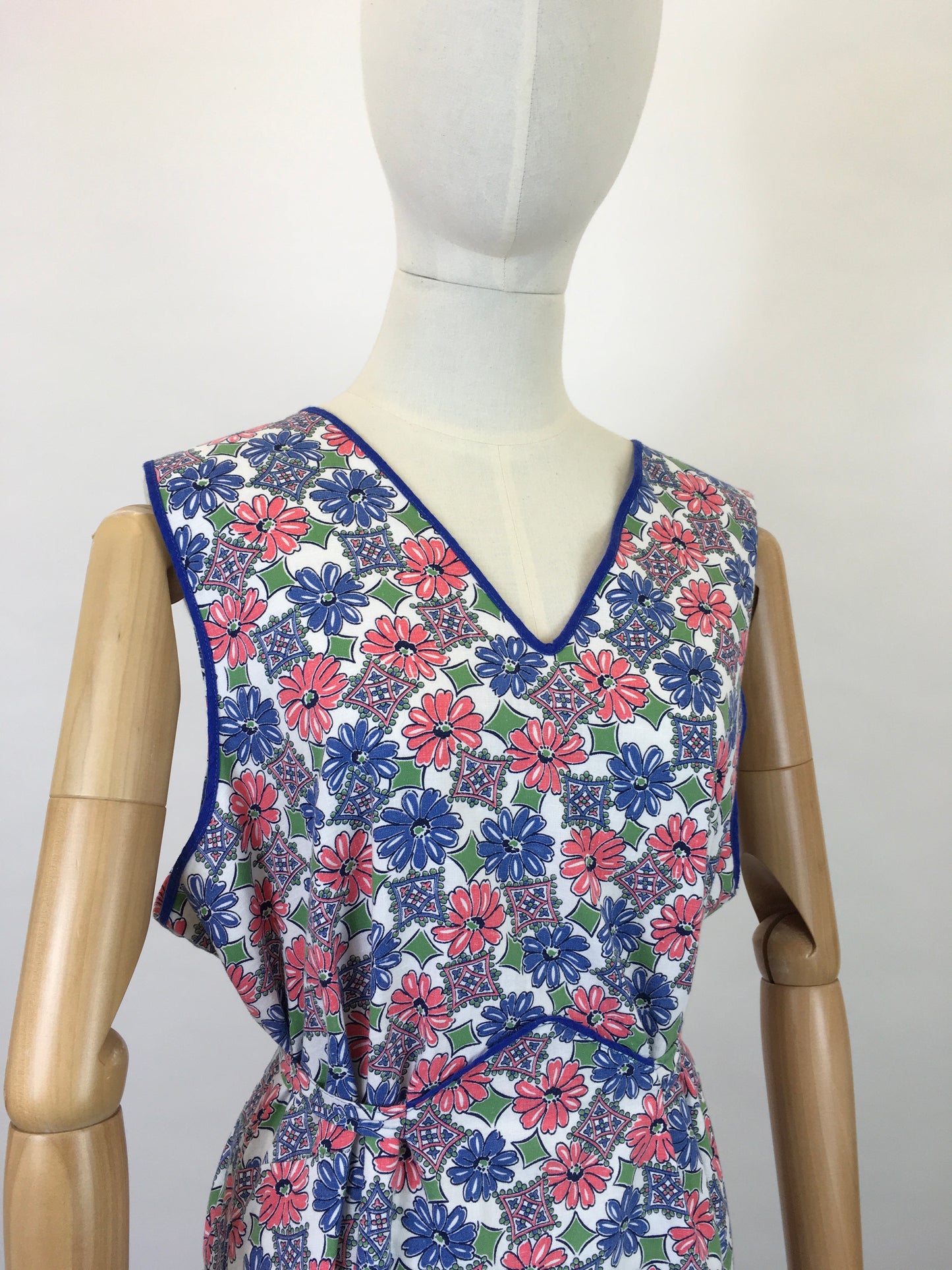 Original 1940’s Beautiful Floral Cotton Full Pinny - In Blues, Soft Pinks and Greens