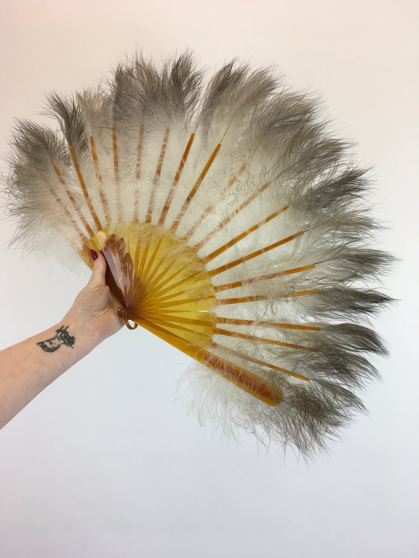Original 1930's Amazing Feather Fan - With 20 Guards and Sticks in Amber Coloured Early Plastic