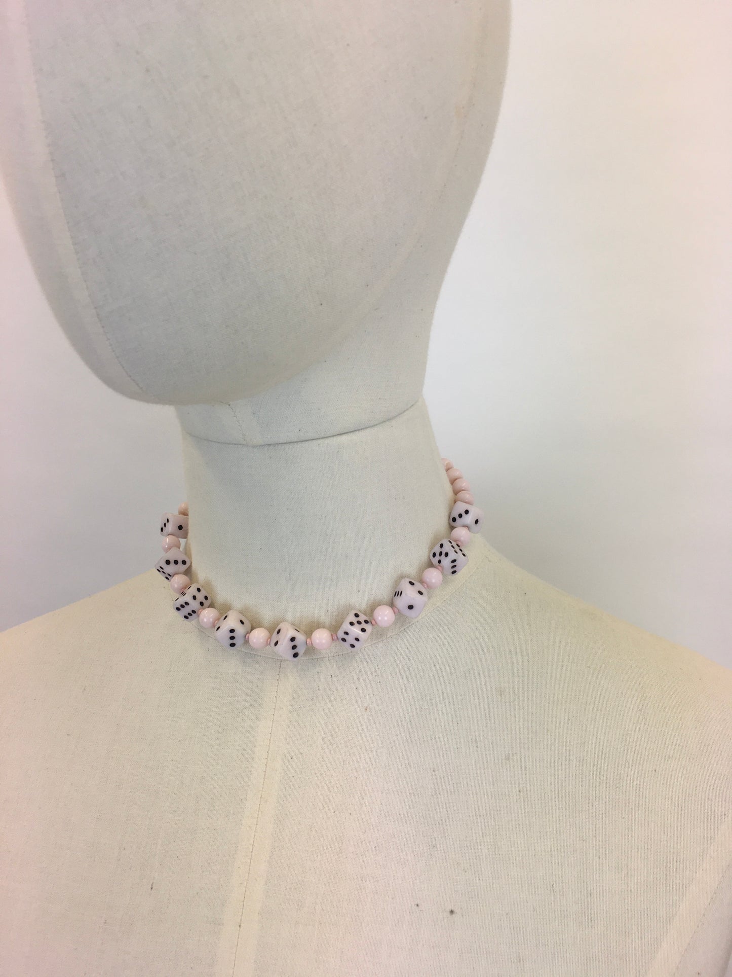 Original 1950s Pale Pink Novelty Dice Necklace - Made From Milk Bottle Glass