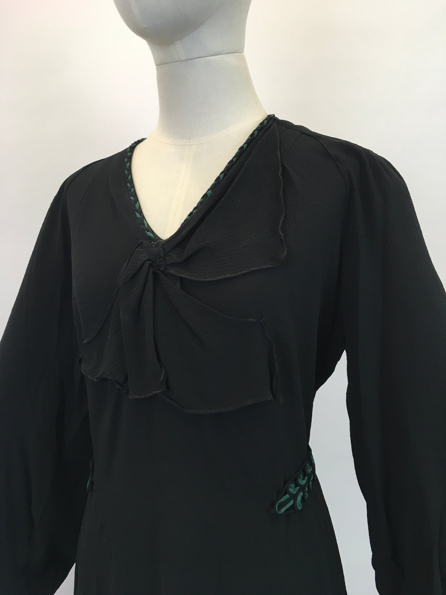 Original 1930's Sensational Evening Dress in Sheer Crepe - In Inky Black with Bottle Green Accents