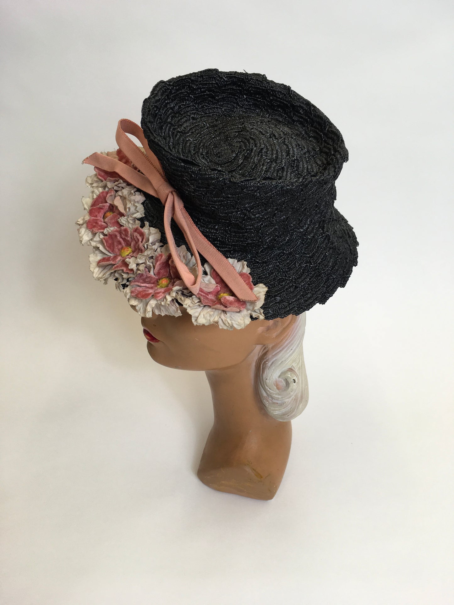 Original Stunning 1940’s Black Topper - Adorned with Pink & Grey Velvet Flowers & Leaves