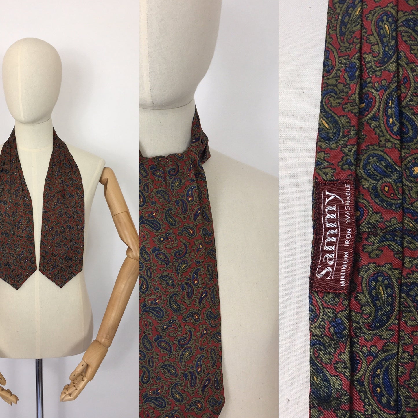 Original 1950’s Mens Silk  ‘ Sammy ‘ Label Cravat - In a Paisley Print featuring burgundy, blue, green and yellow