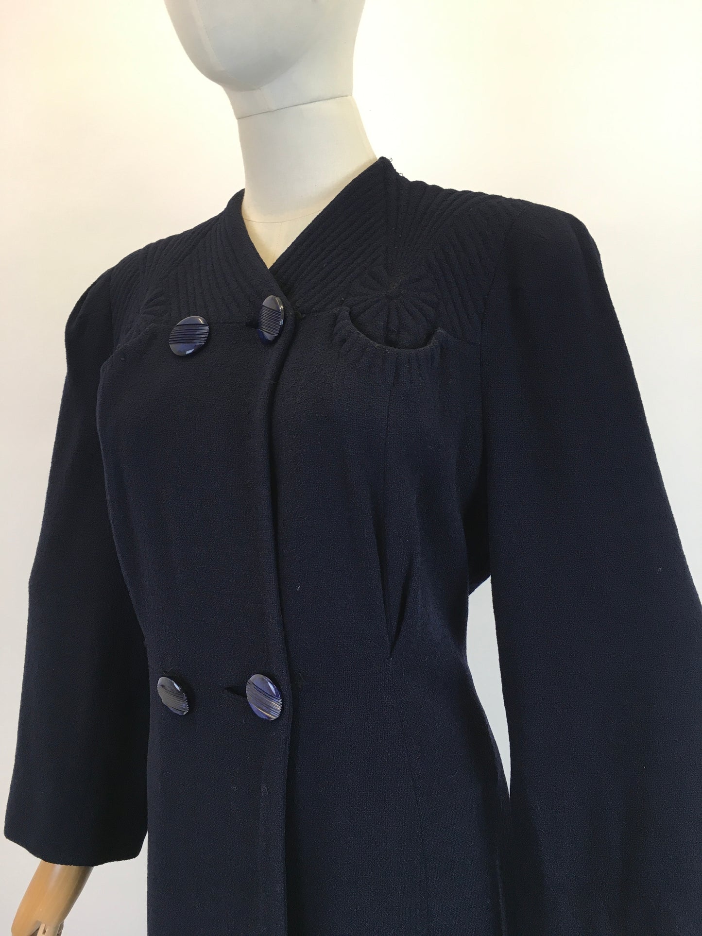 Original 1930’s Darling Navy Wool Crepe Coat - With Stunning Trapunto Detailing