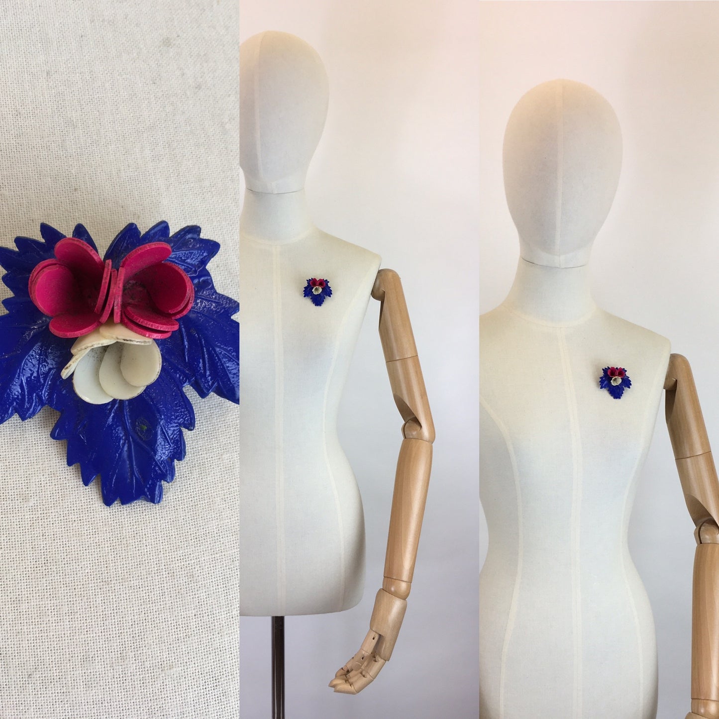 Original 1940’s Celluloid Floral and Leaf Brooch - In Blue, Pink and Cream