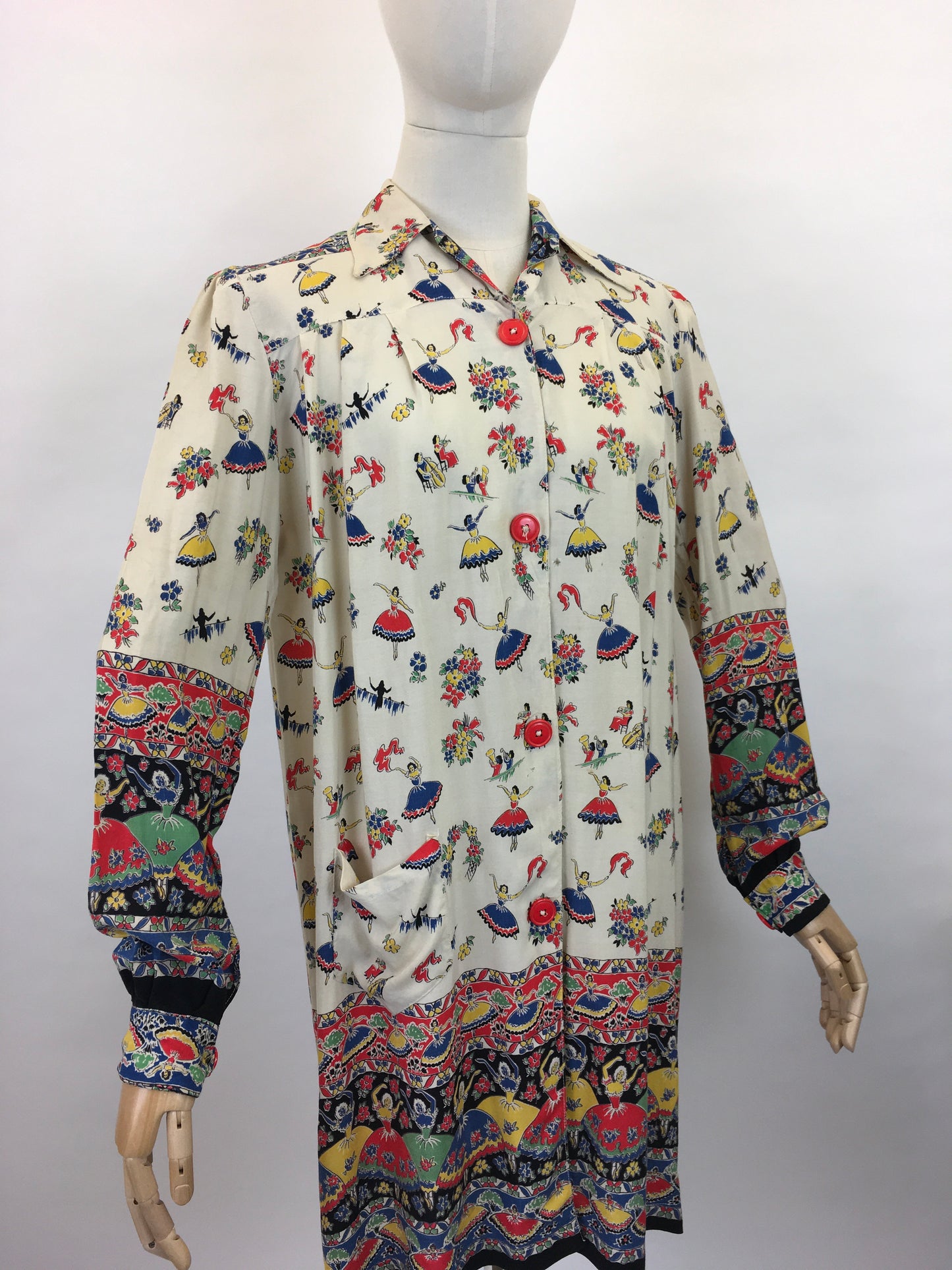 Original 1940s CC41 St. Michael Novelty Print Smock - In Fabulous Dancer Print in Bright Primary Colours
